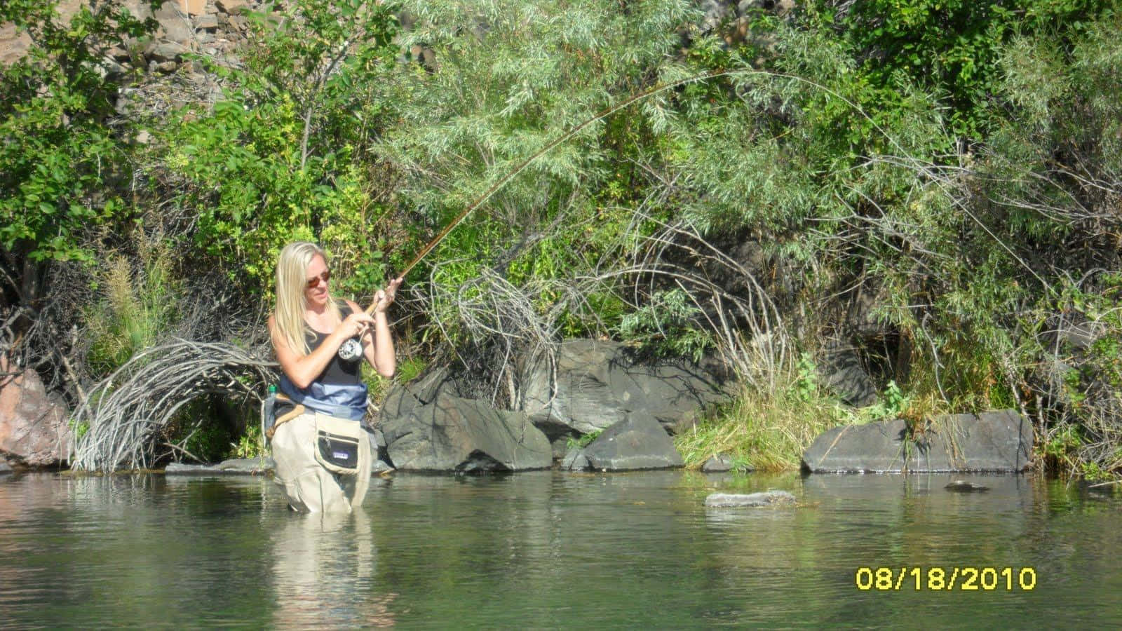 Fly Fishing Girl At Lake Nature Photography Background