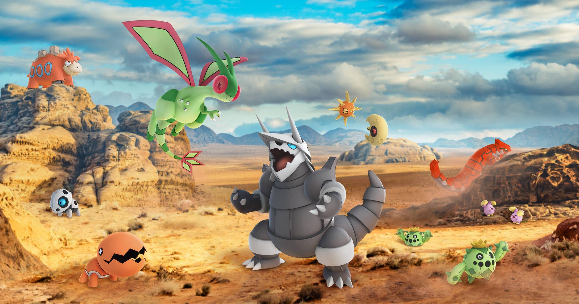 Flygon And Pokemon In Desert Background