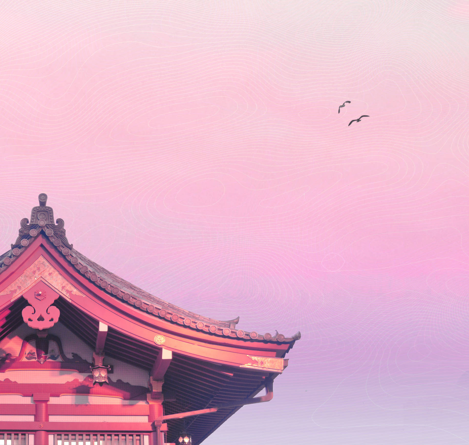 Flying Birds And Pagoda Pastel Japanese Aesthetic Background