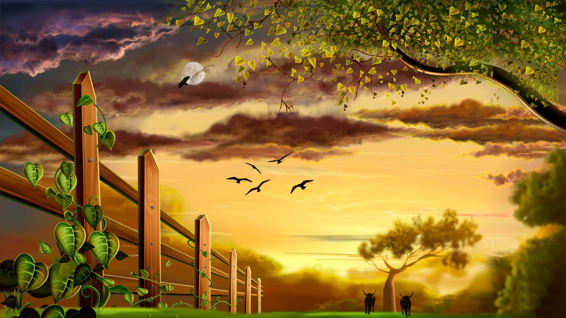 Flying Birds Sunset Silhouette Country Scenes Background