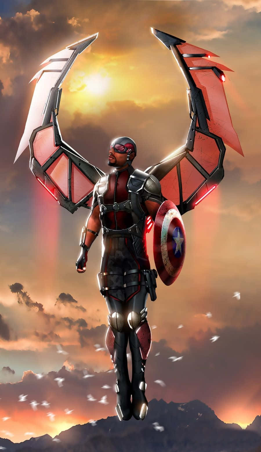 Flying Falcon Marvel As Captain America At Sunset Background