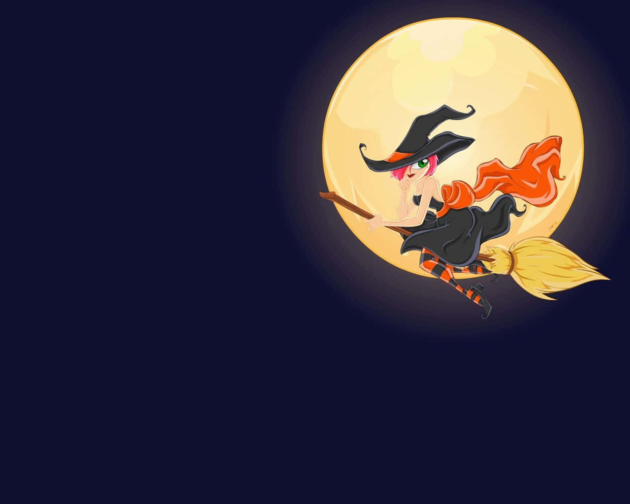 Flying Halloween Witch In Black Background