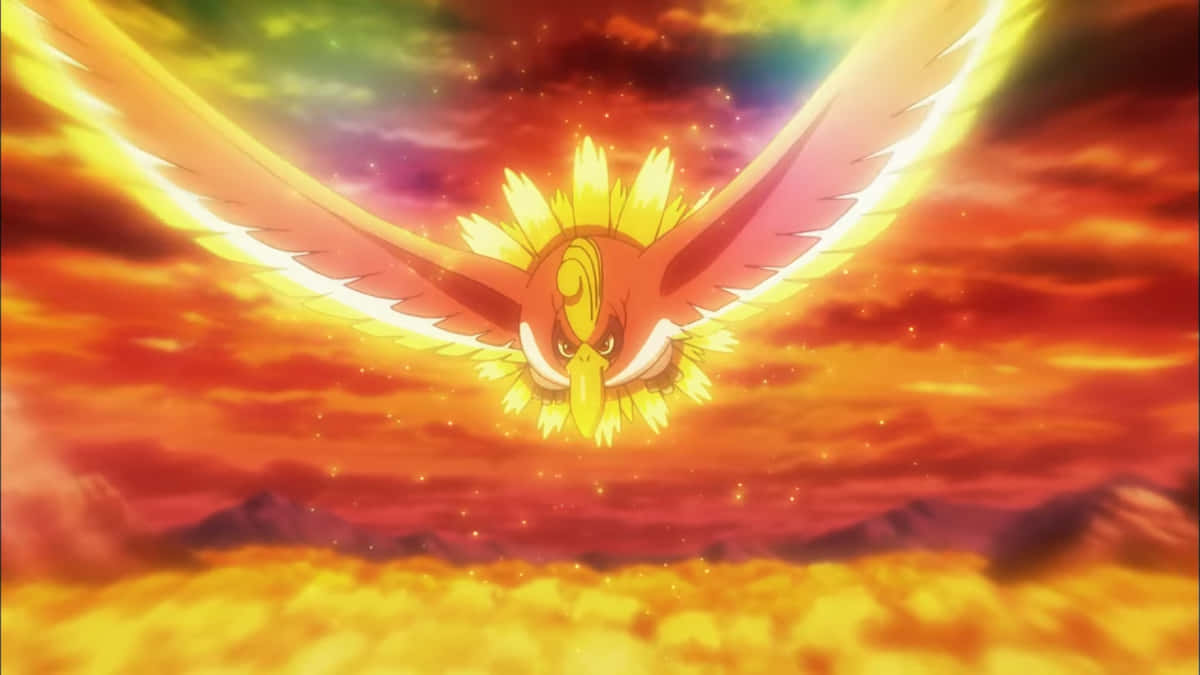 Flying Ho-oh In Orange Sky Background
