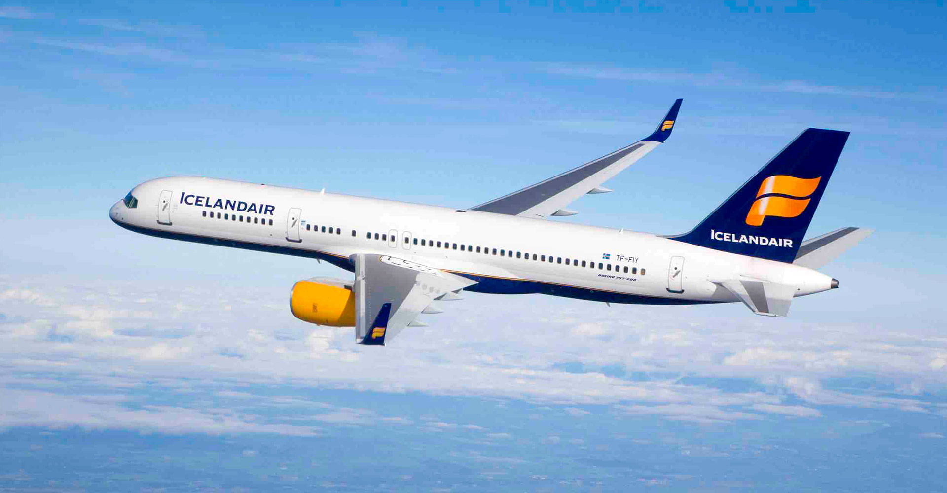 Flying Icelandair Airplane In The Sky Background