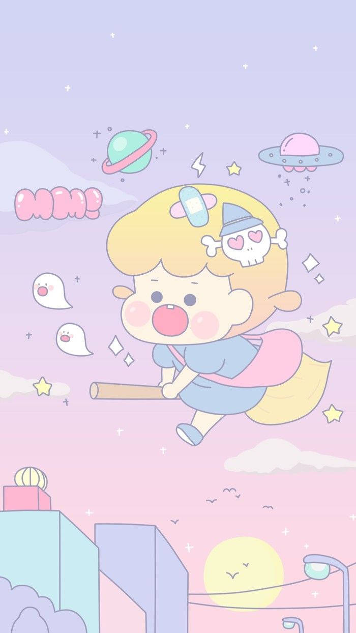 Flying Kid With Pastel Cute Stuff Background