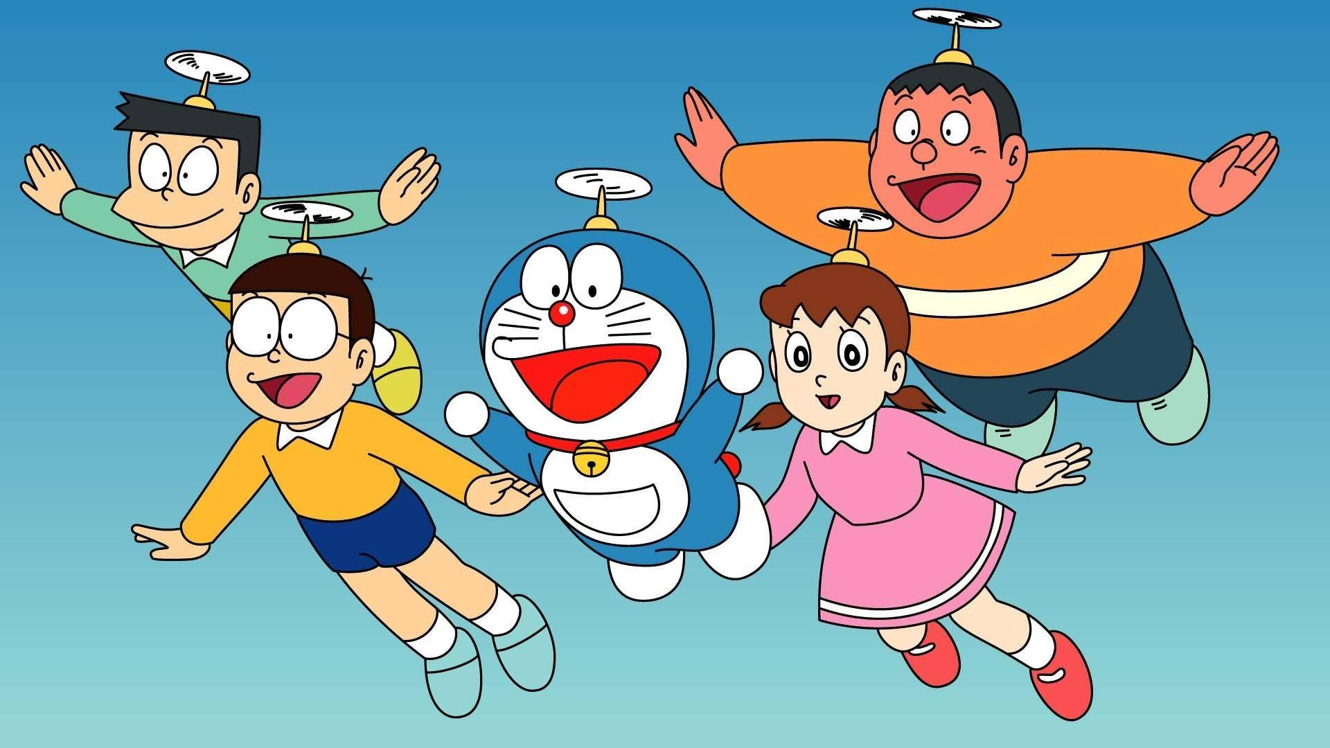 Flying Nobita With Doraemon Cast Background