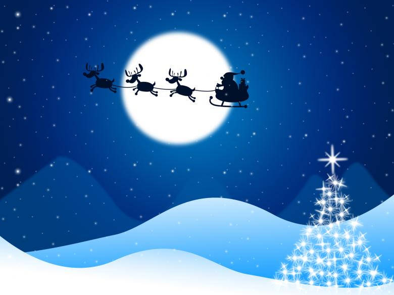 Flying Santa And Reindeer In Moonlight Background