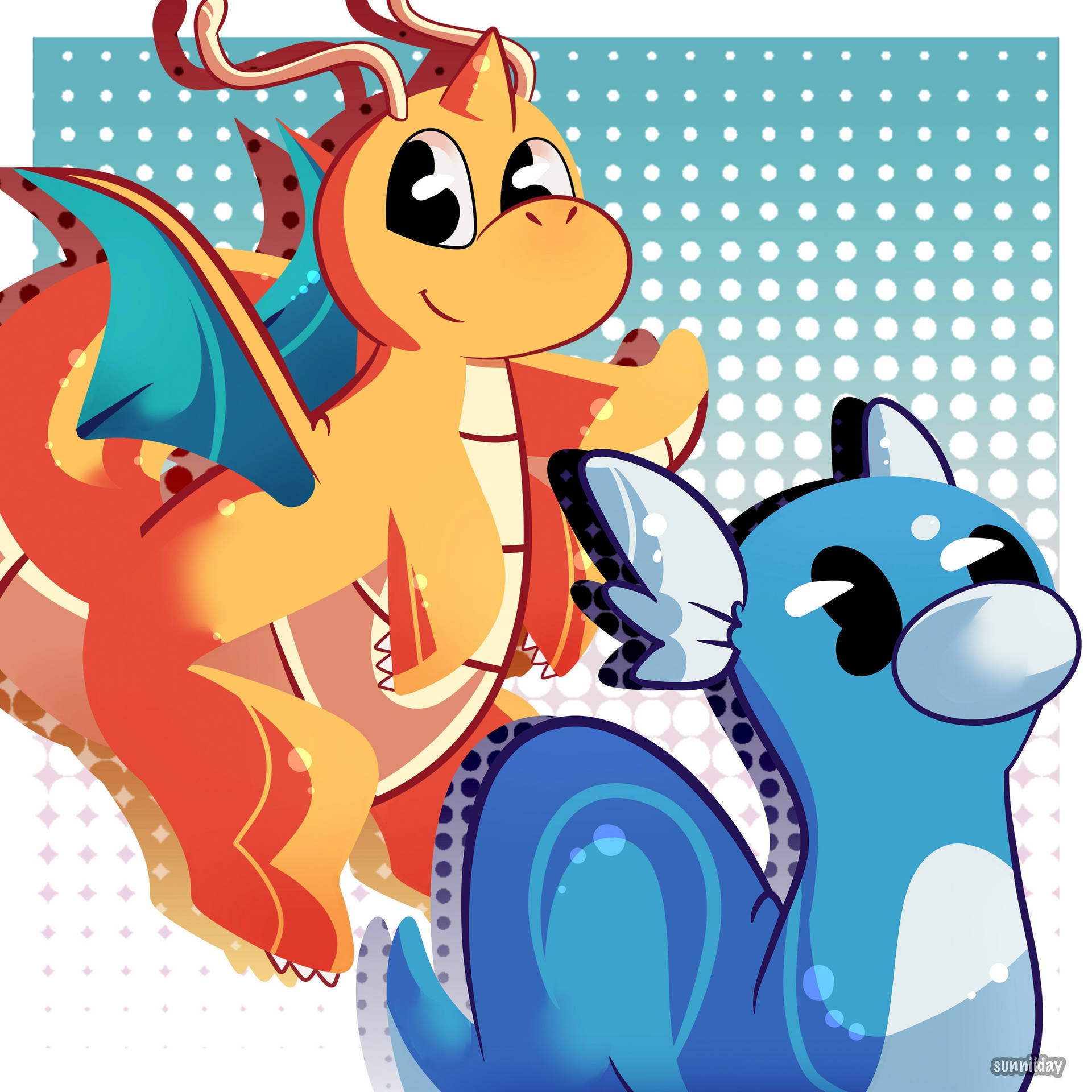 Flying Side By Side, Dragonite And Dratini Grace The Skies. Background
