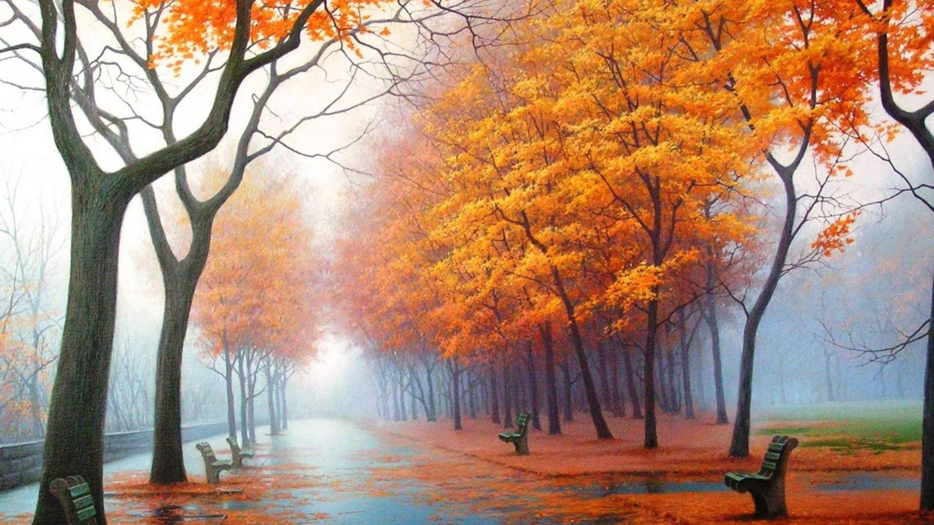 Foggy Fall Season Painting Background