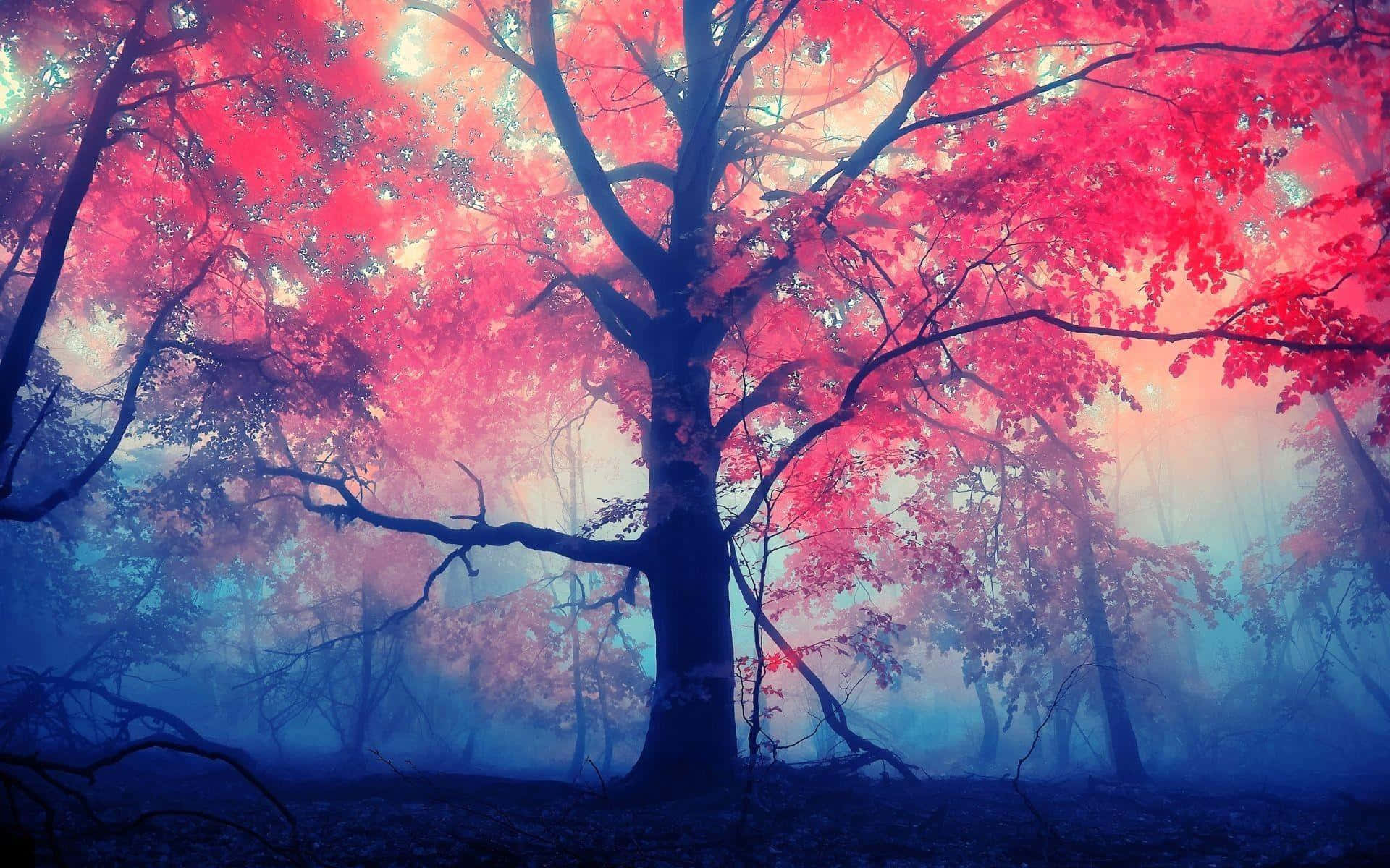 Foggy Forest With Pink Trees Background