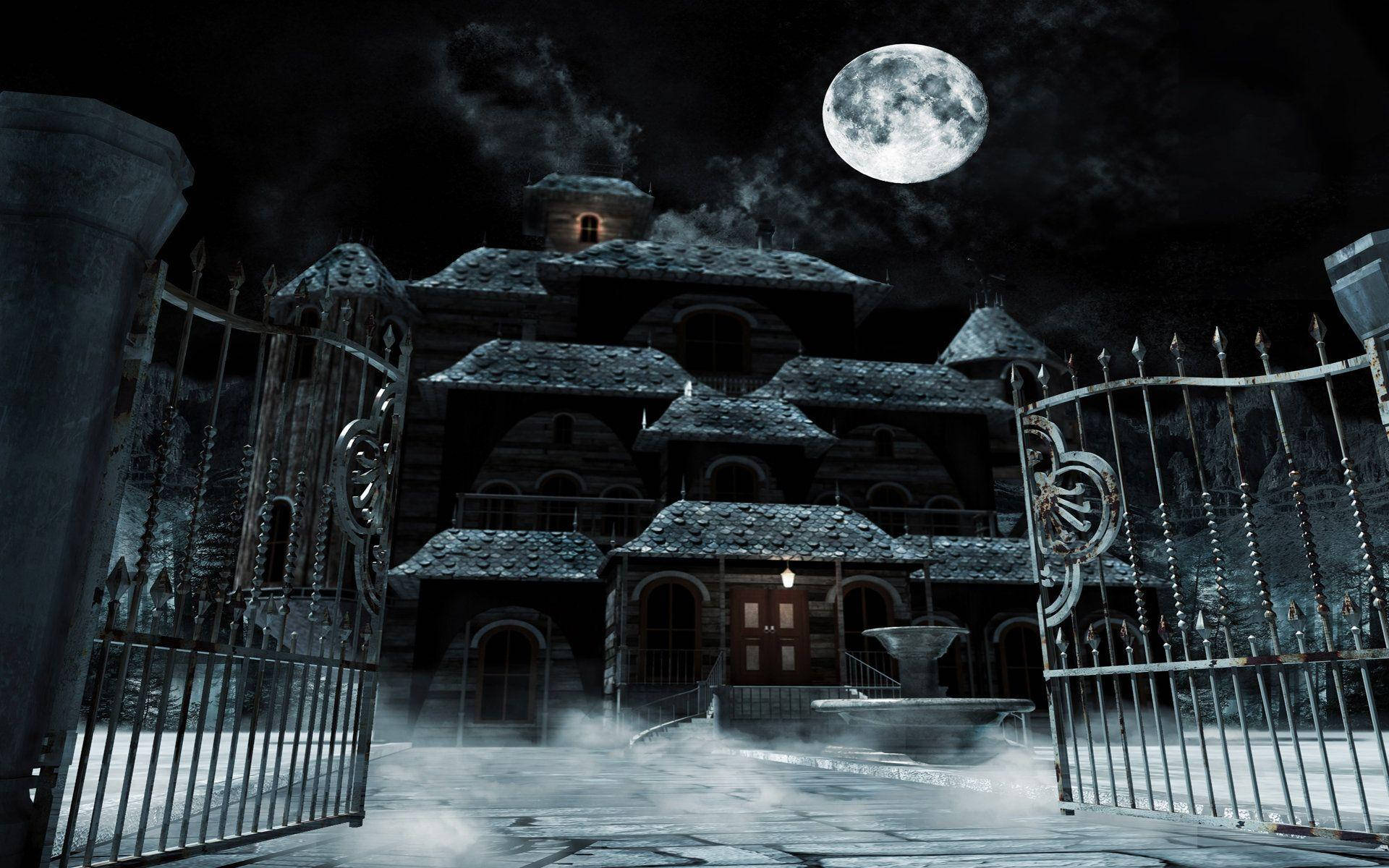 Foggy Haunted House With Moon Background