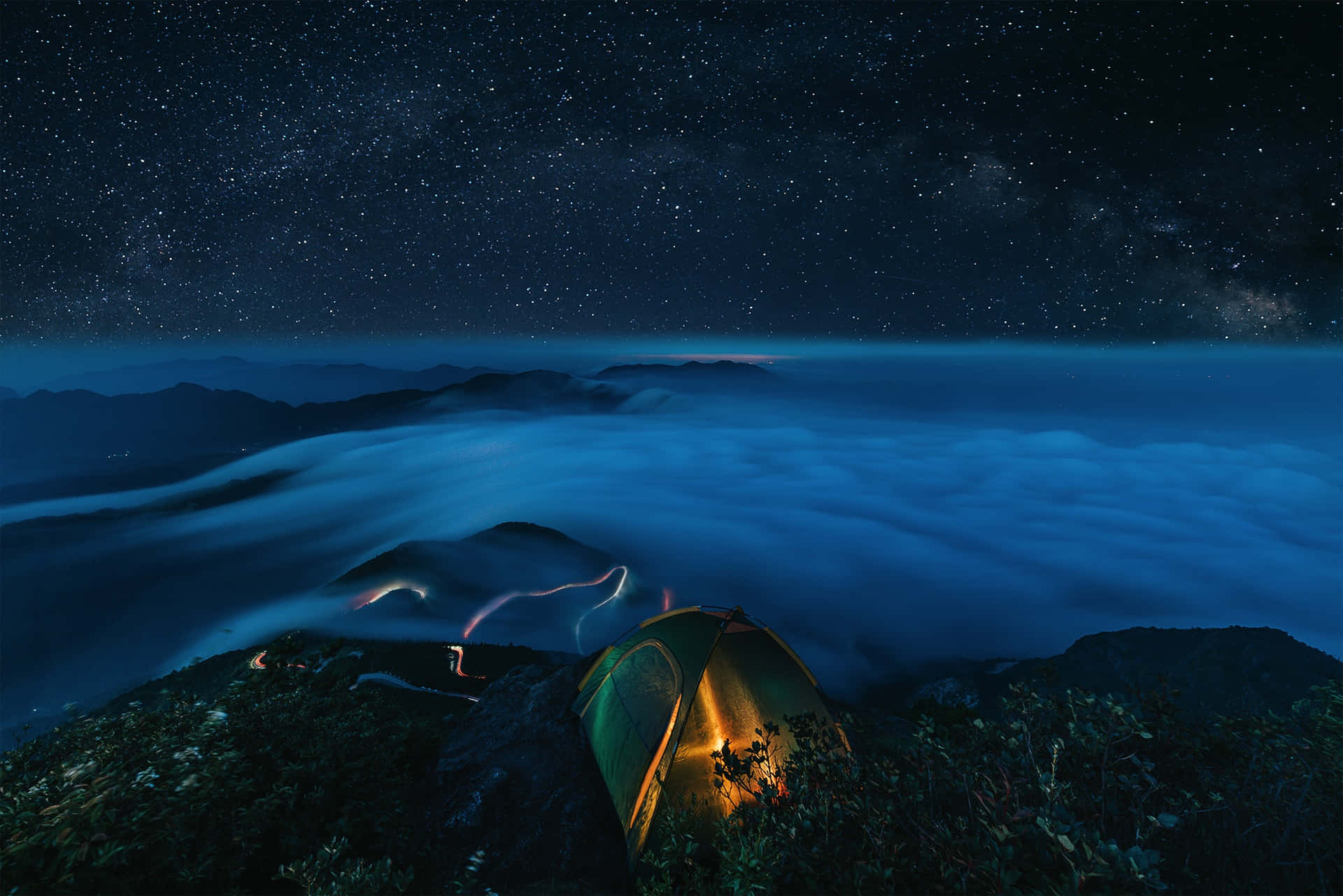 Foggy Night Camping Desktop Background