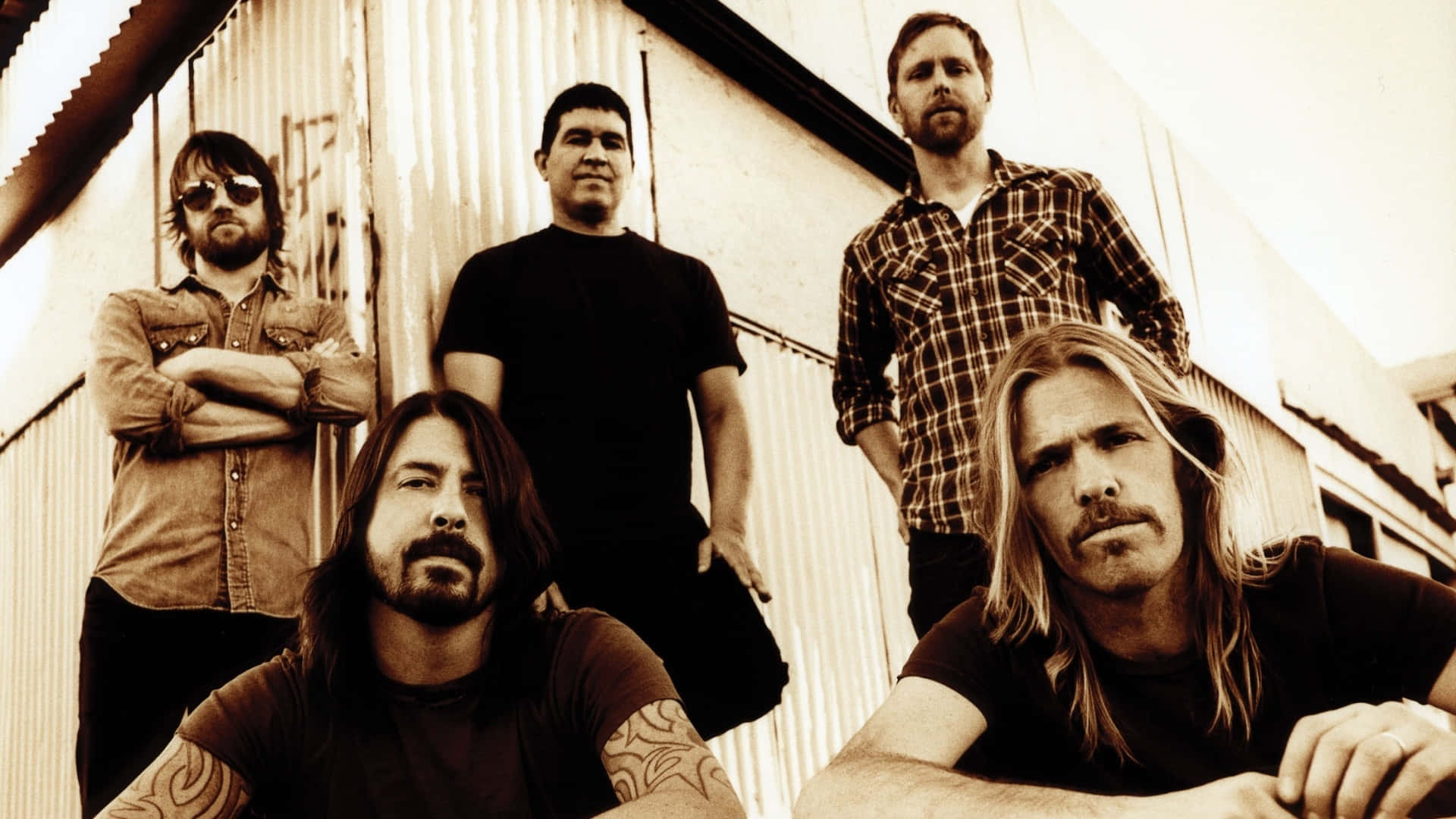 Foo Fighters Band Pose Sepia Tone Background