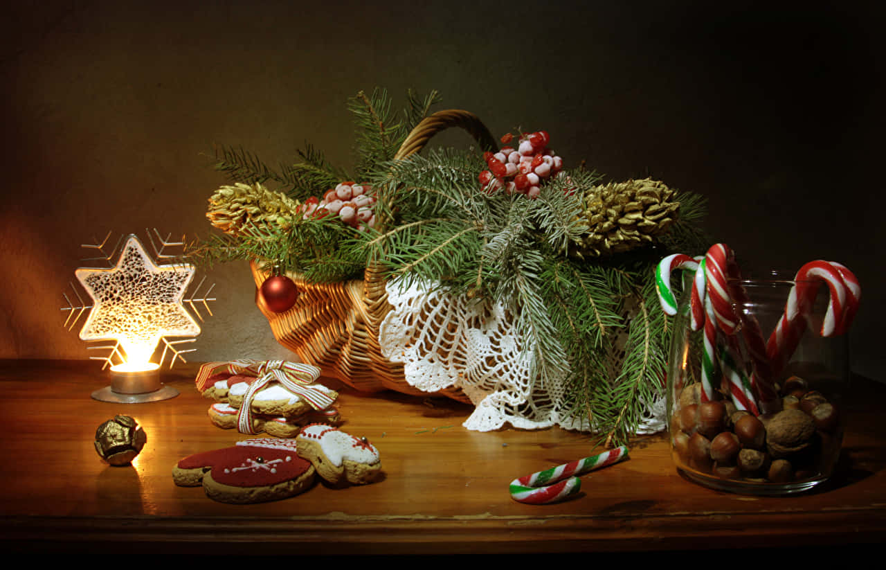 Food Table With Candy Baskets Background