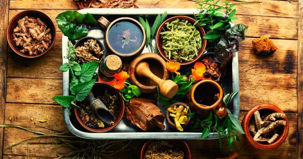 Food Table With Tray Of Herbs Background