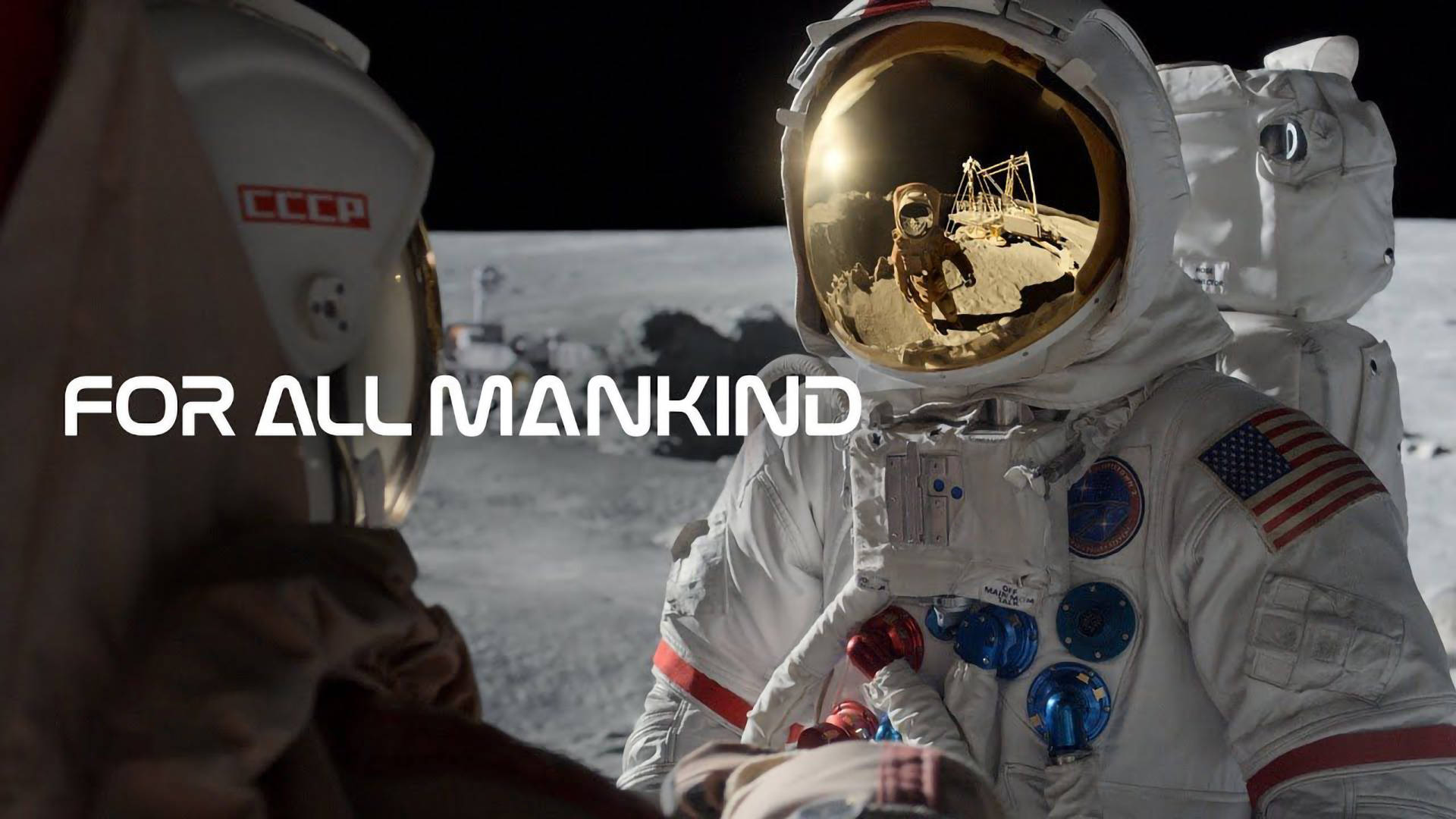 For All Mankind Two Astronauts On Moon Background