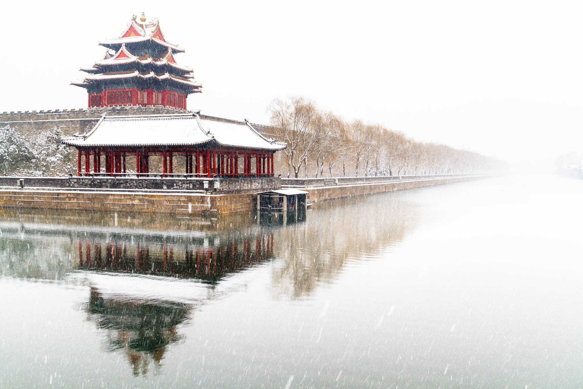 Forbidden City And Moat During Winter Background