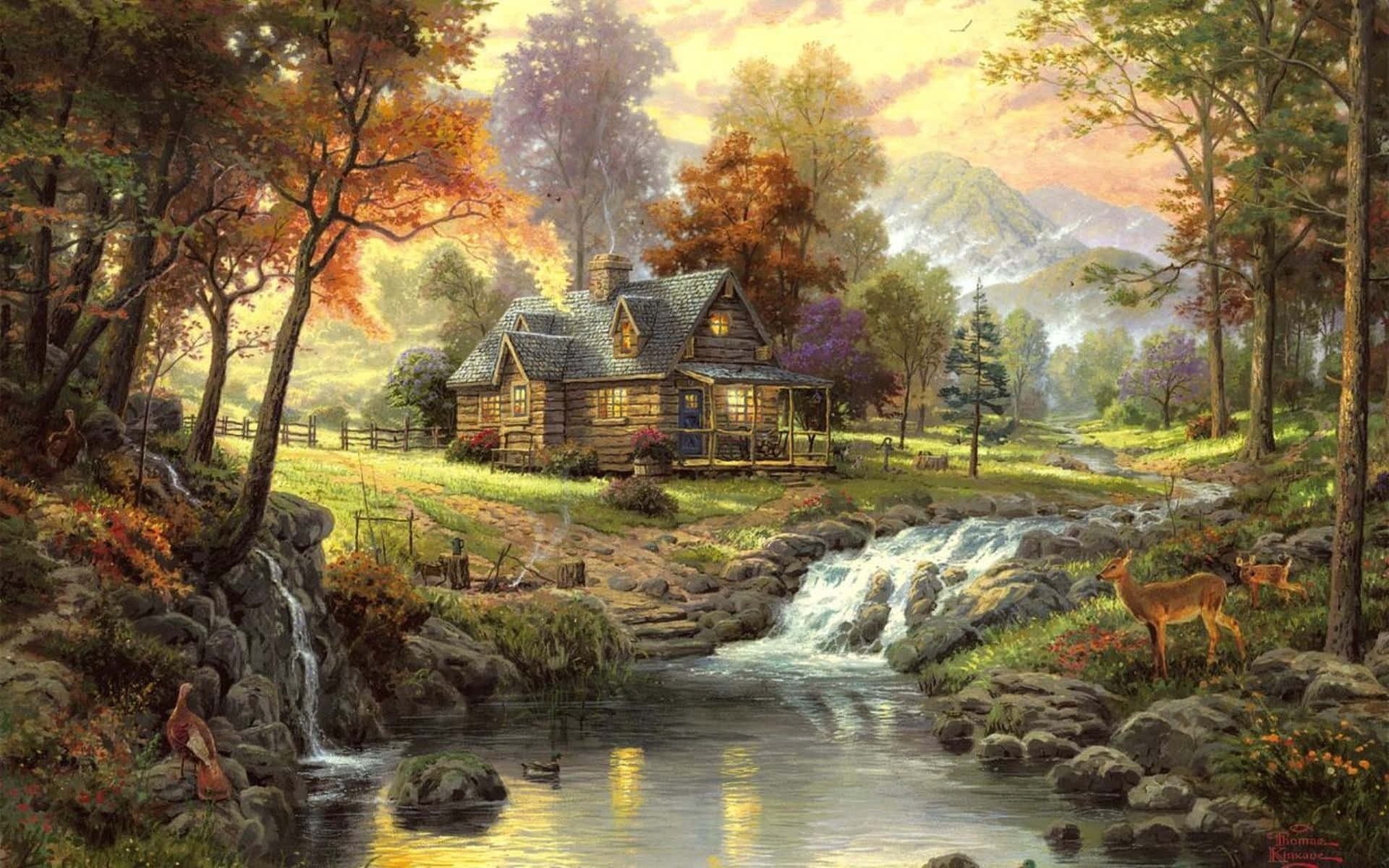 Forest Cabin Painting Relaxing Background