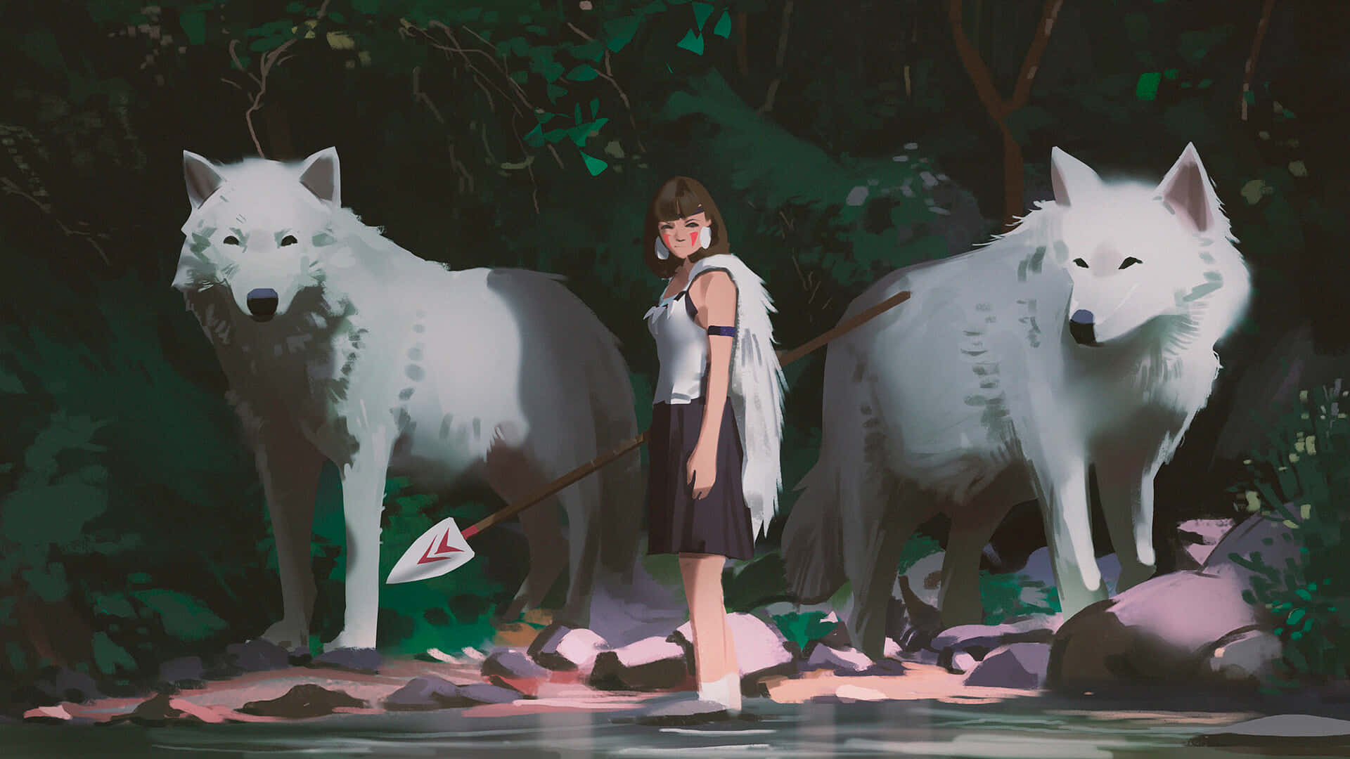Forest Guardian Girland White Wolves Background