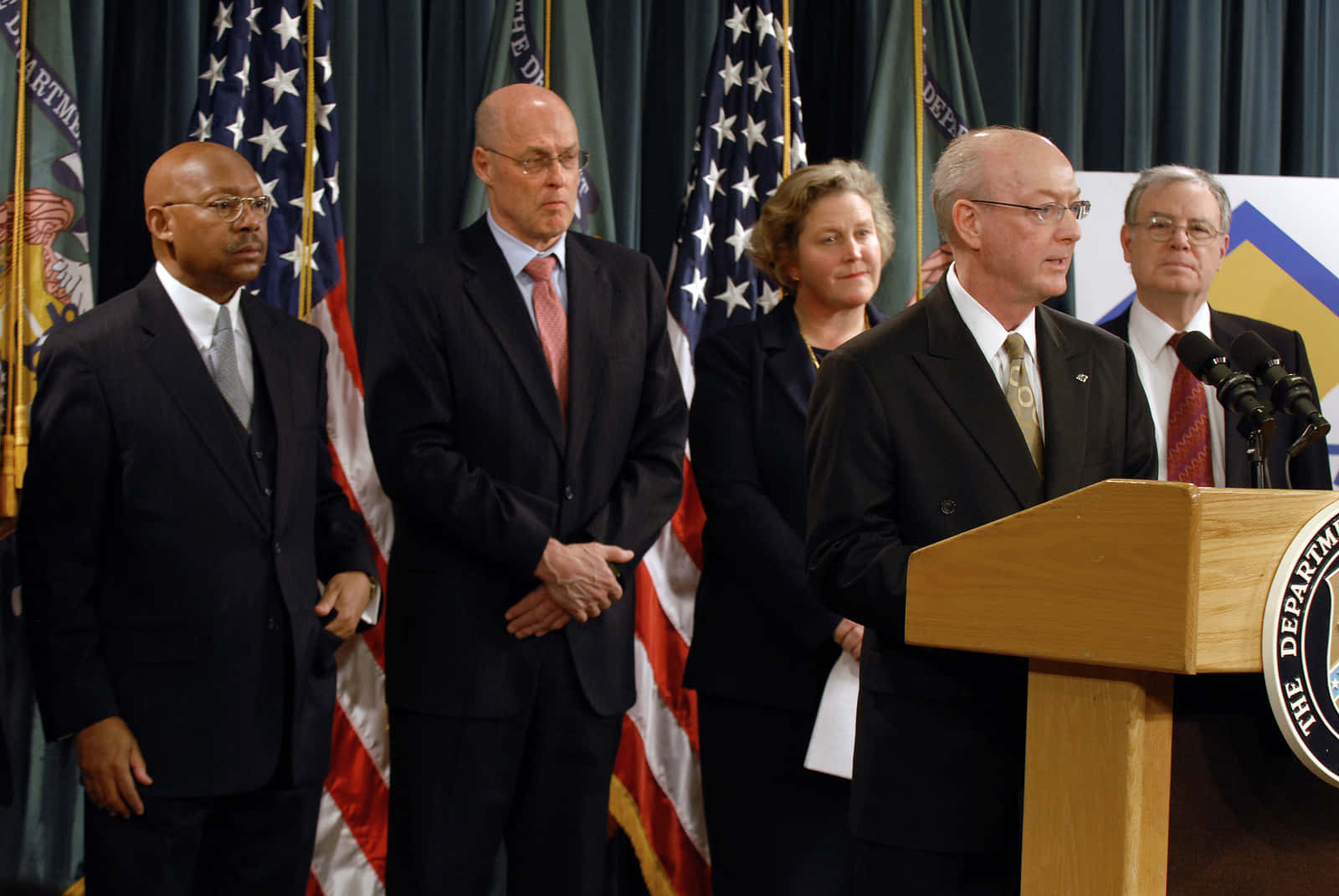 Former United States Secretary Of The Treasury, Henry Paulson, Meeting With Treasury Personnel.