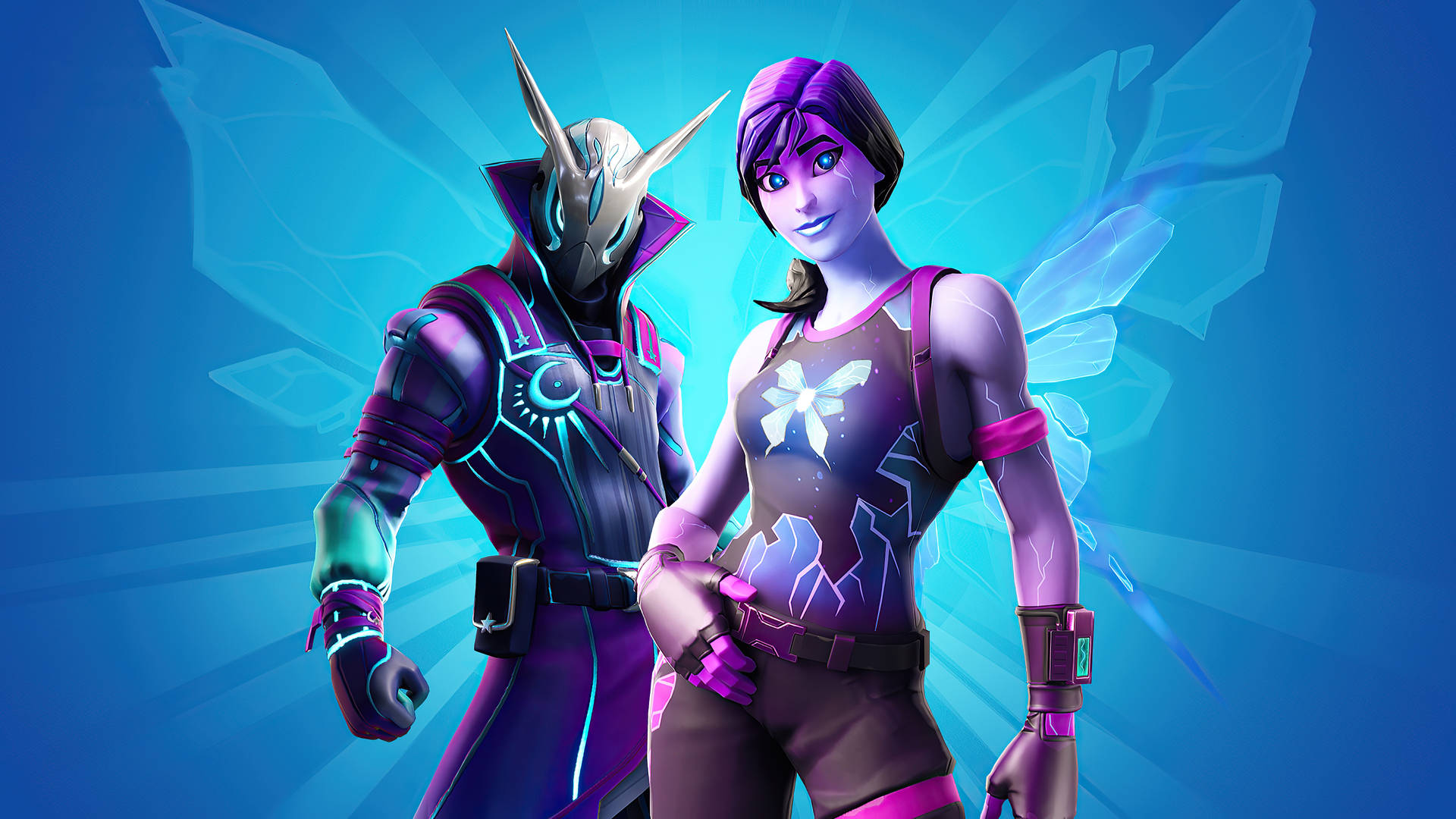 Fortnite - A Couple Of Characters Standing In Front Of A Blue Background Background