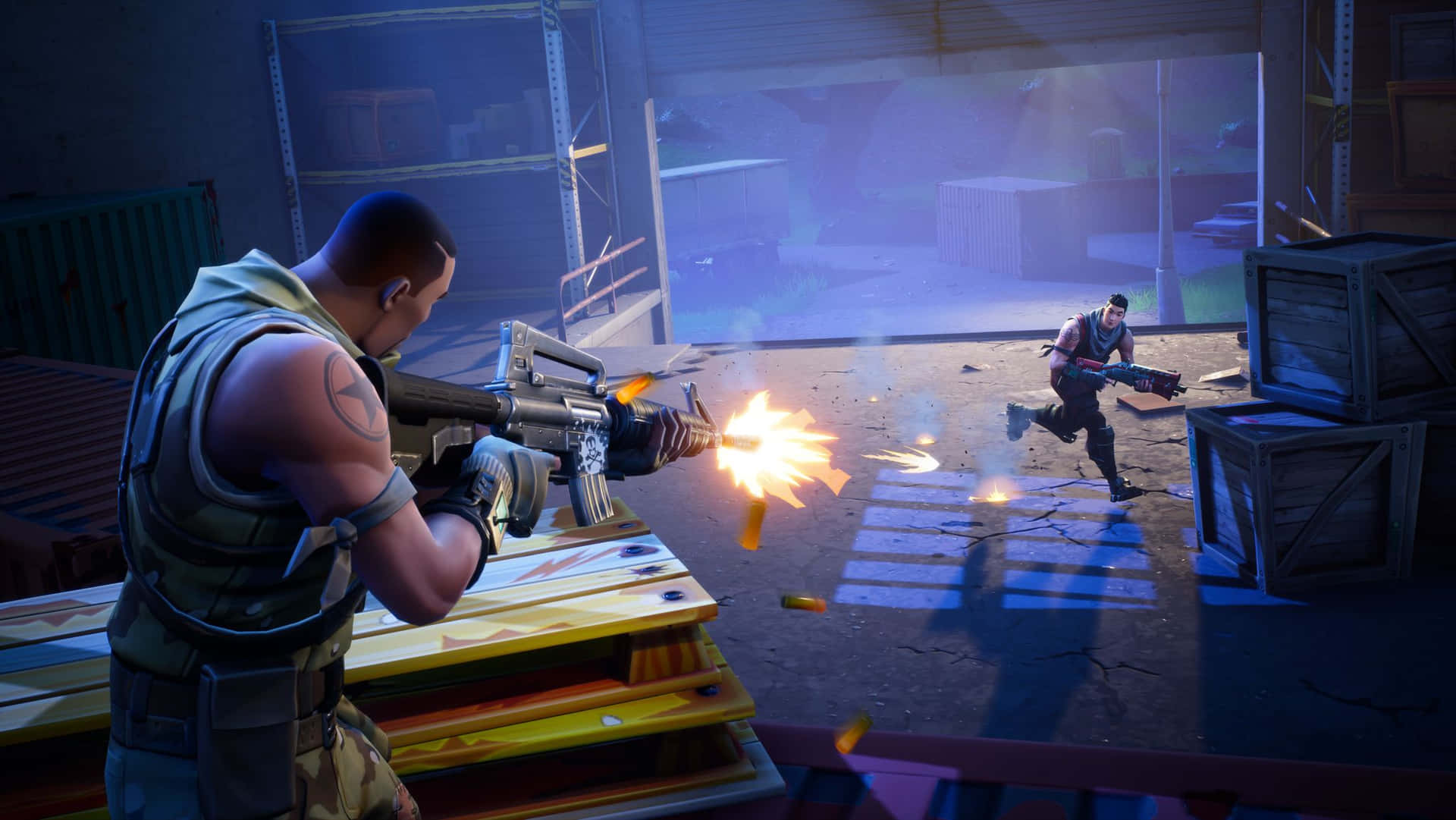 Fortnite - A Game With Two Players Shooting At Each Other Background