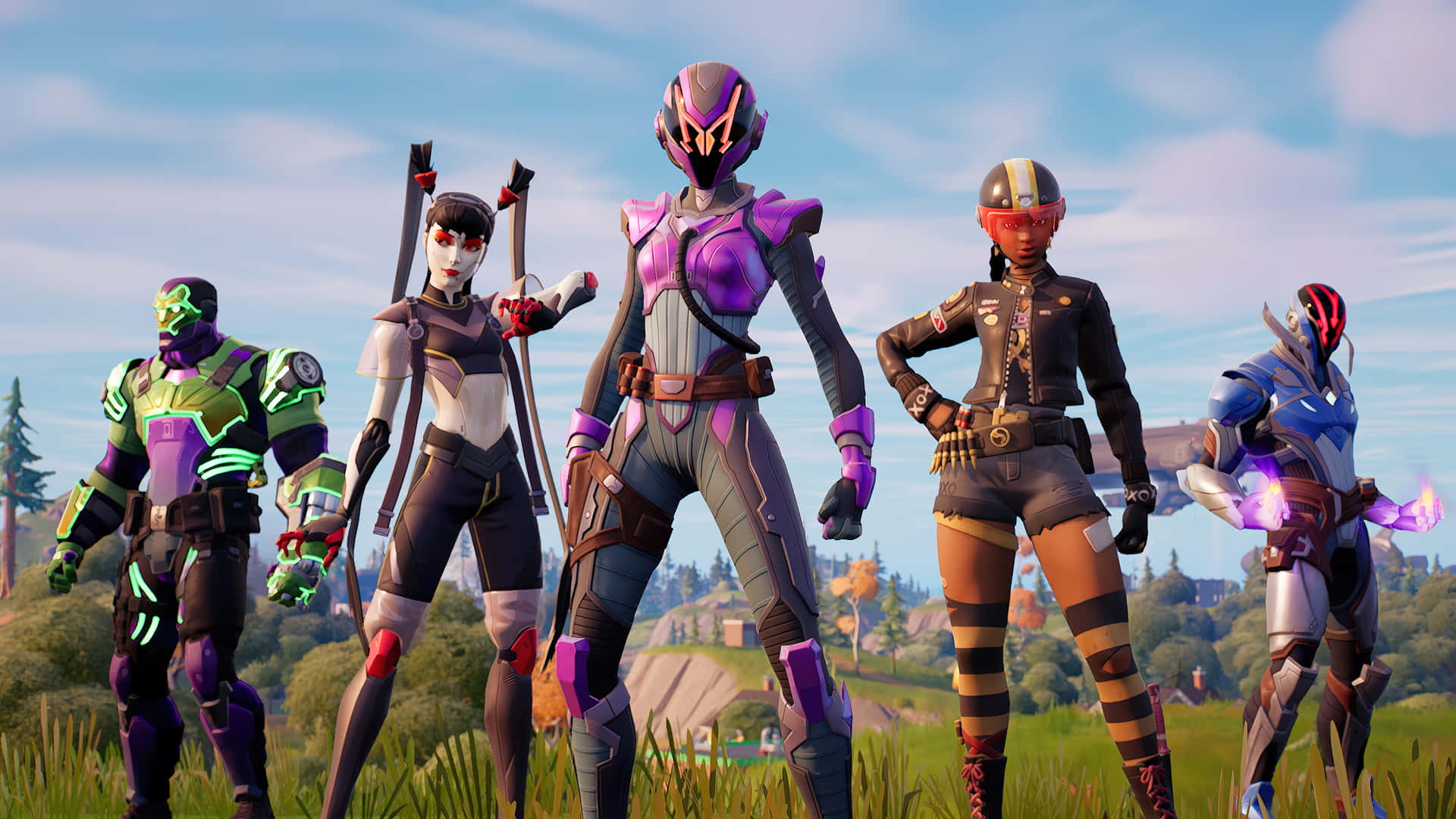 Fortnite - A Group Of Characters Standing In A Field Background