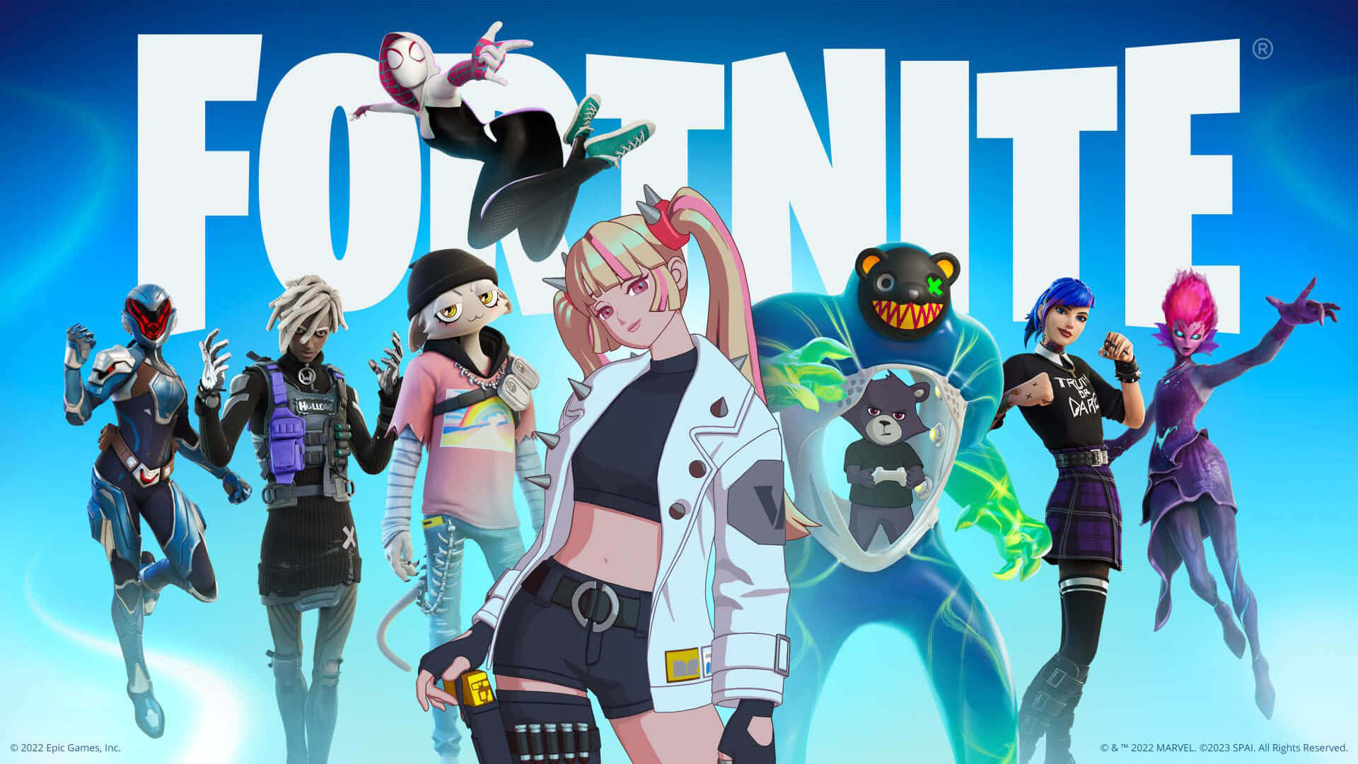 Fortnite - A Group Of Characters Standing In Front Of A Blue Background Background
