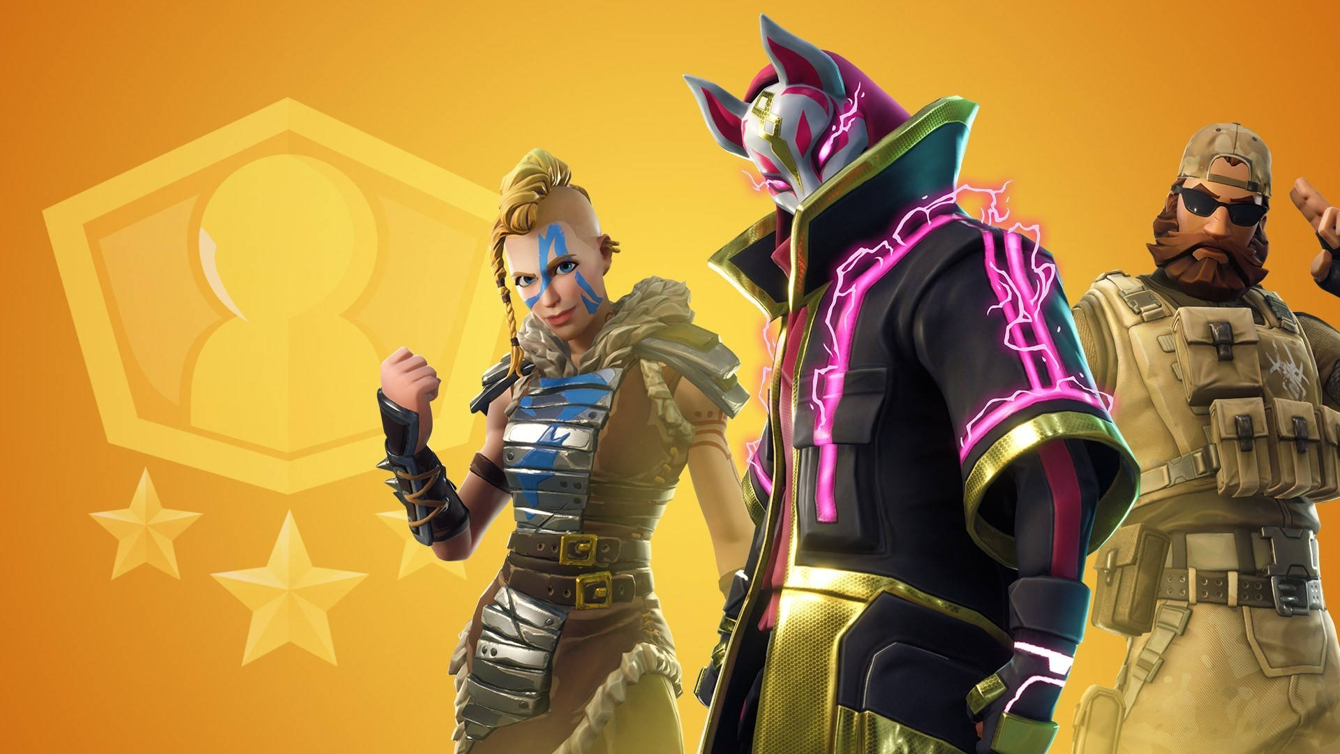 Fortnite - A Group Of Characters Standing In Front Of An Orange Background Background