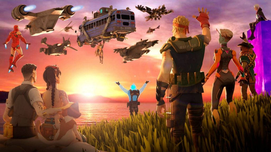 Fortnite - A Group Of People Standing In Front Of A Sunset Background