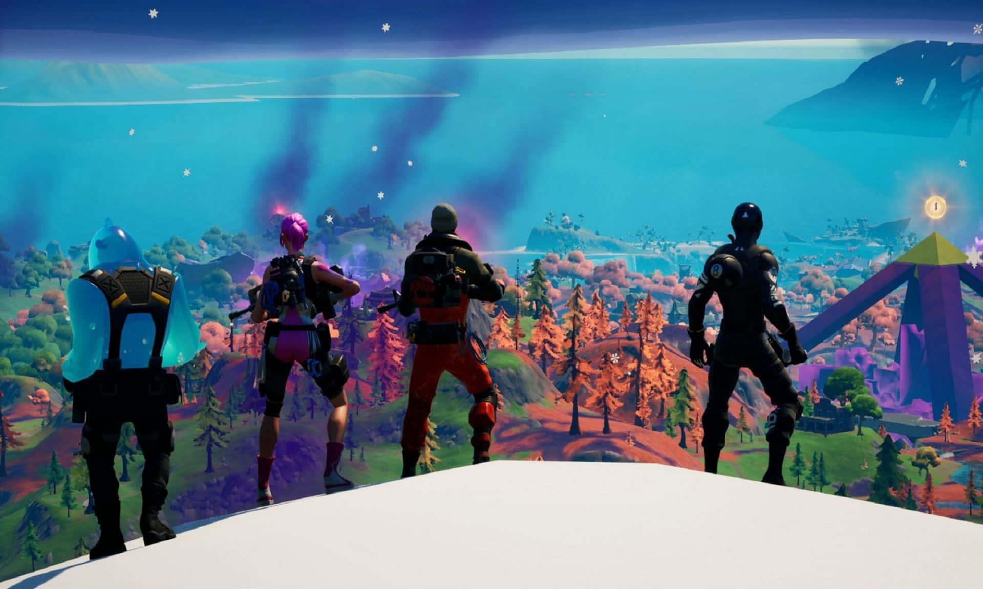 Fortnite - A Group Of People Standing On Top Of A Mountain Background