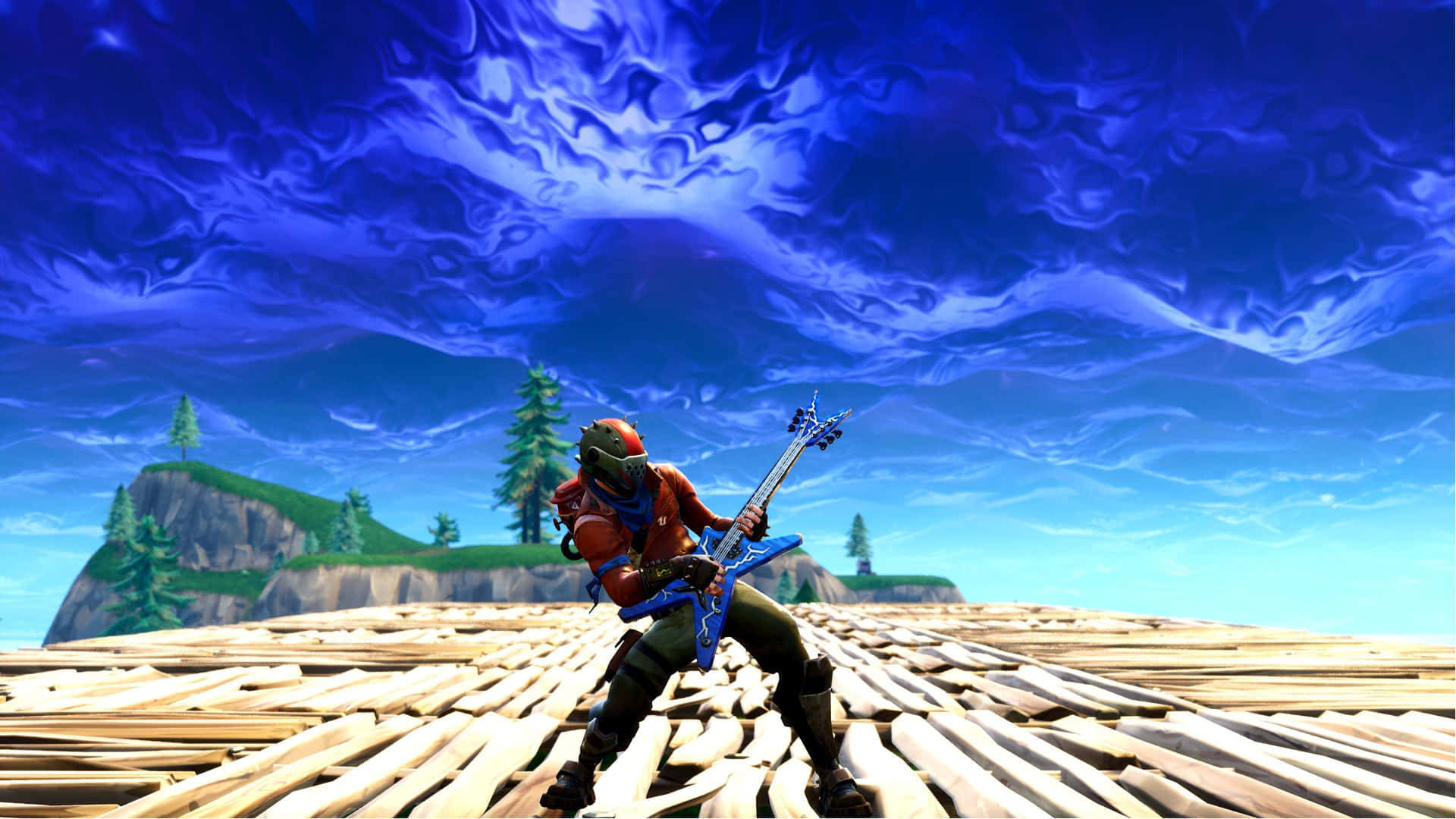 Fortnite - A Man In A Blue Shirt Standing On A Wooden Platform Background