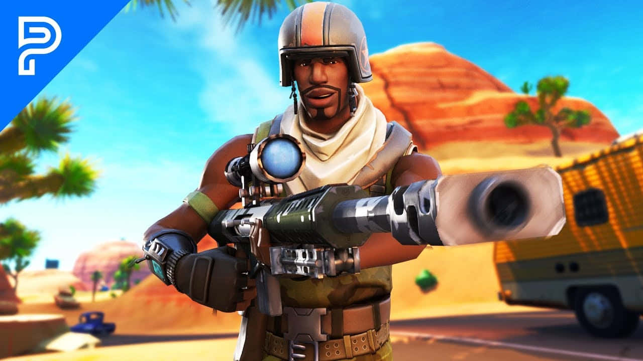 Fortnite - A Soldier With A Gun In Front Of A Desert Background