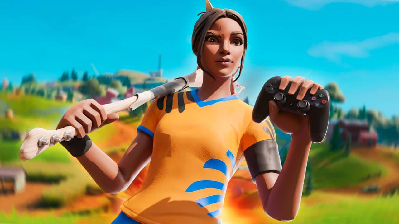 Fortnite - A Woman Holding A Gun And A Bone Background