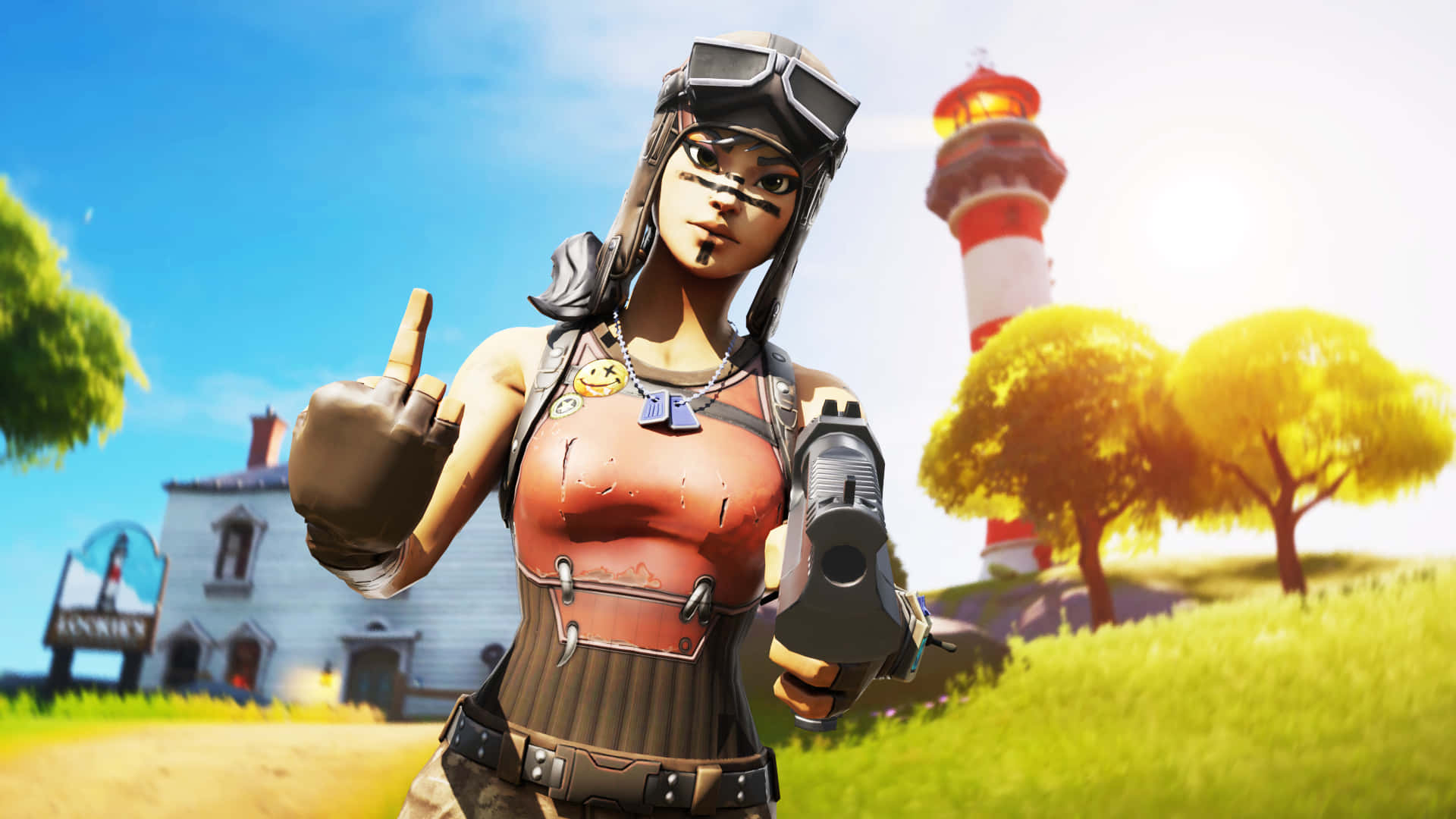 Fortnite - A Woman Holding A Gun In Front Of A Lighthouse Background
