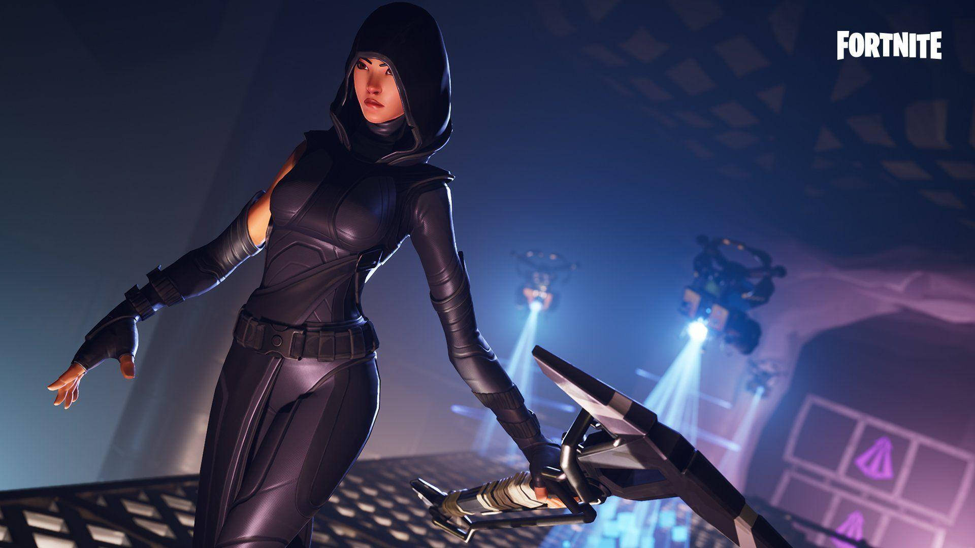 Fortnite - A Woman In Black With A Sword Background