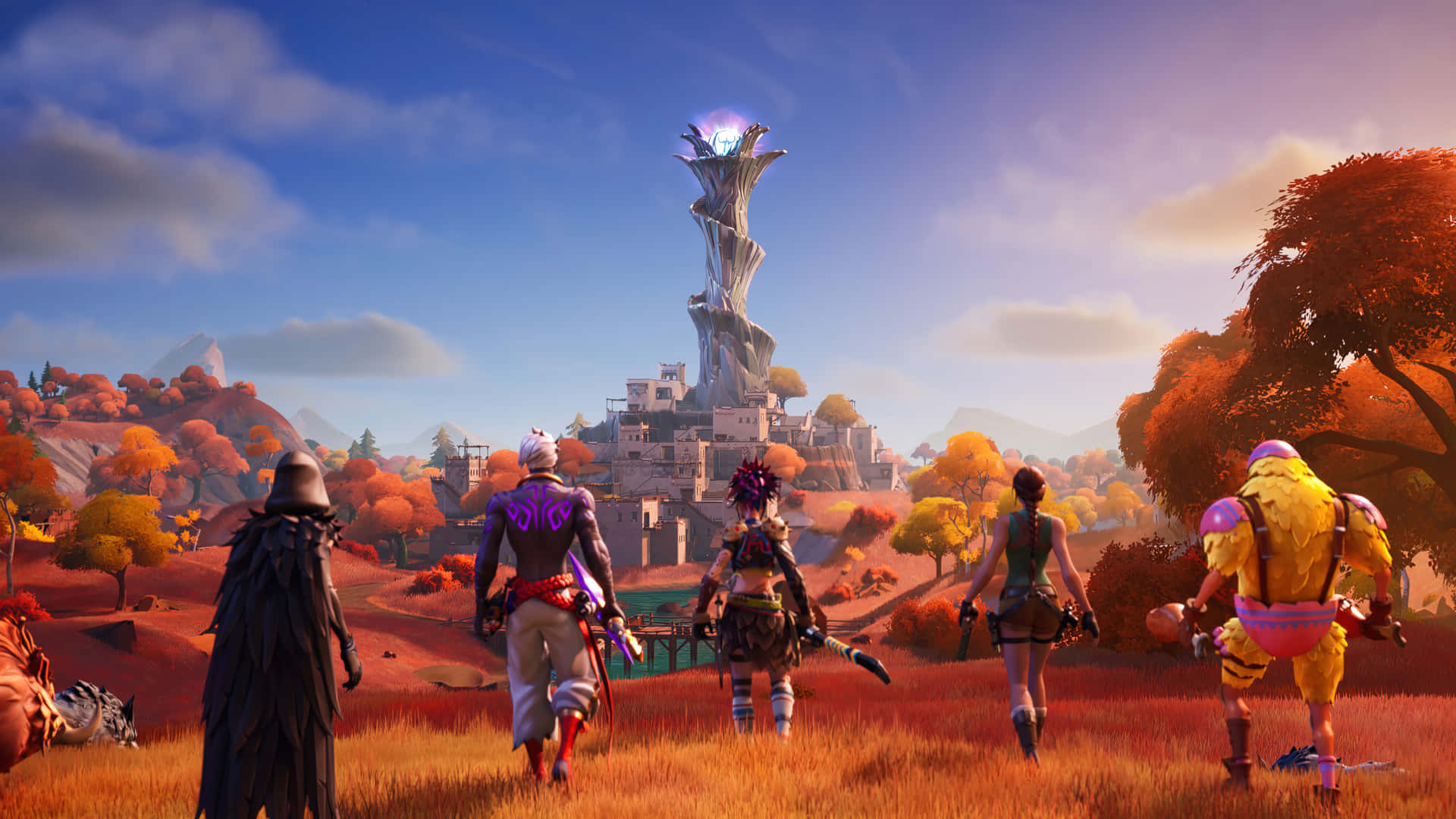Fortnite Chapter2 Team Advancing Towards Structure Background
