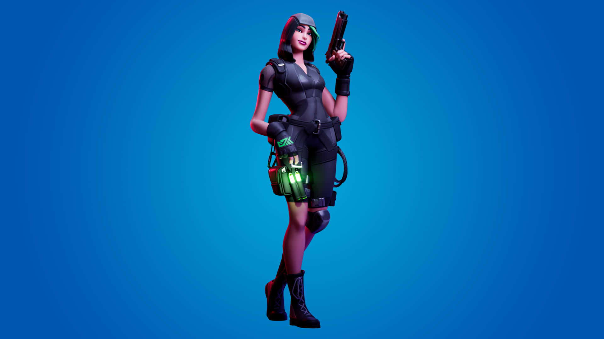 Fortnite Female Character Posewith Gunand Gadgets Background
