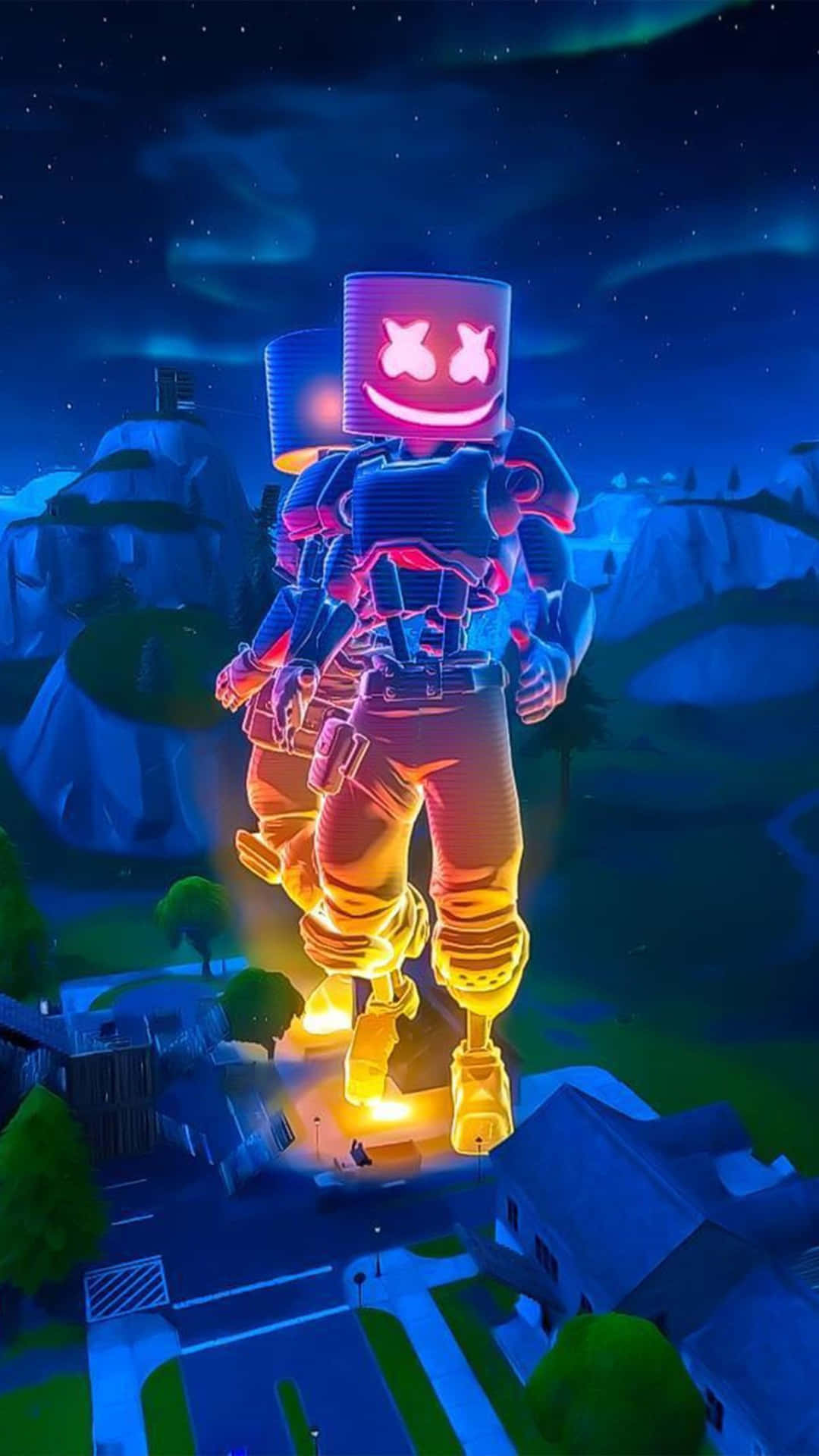 Fortnite Glowing Marshmello Character Night Scene Background
