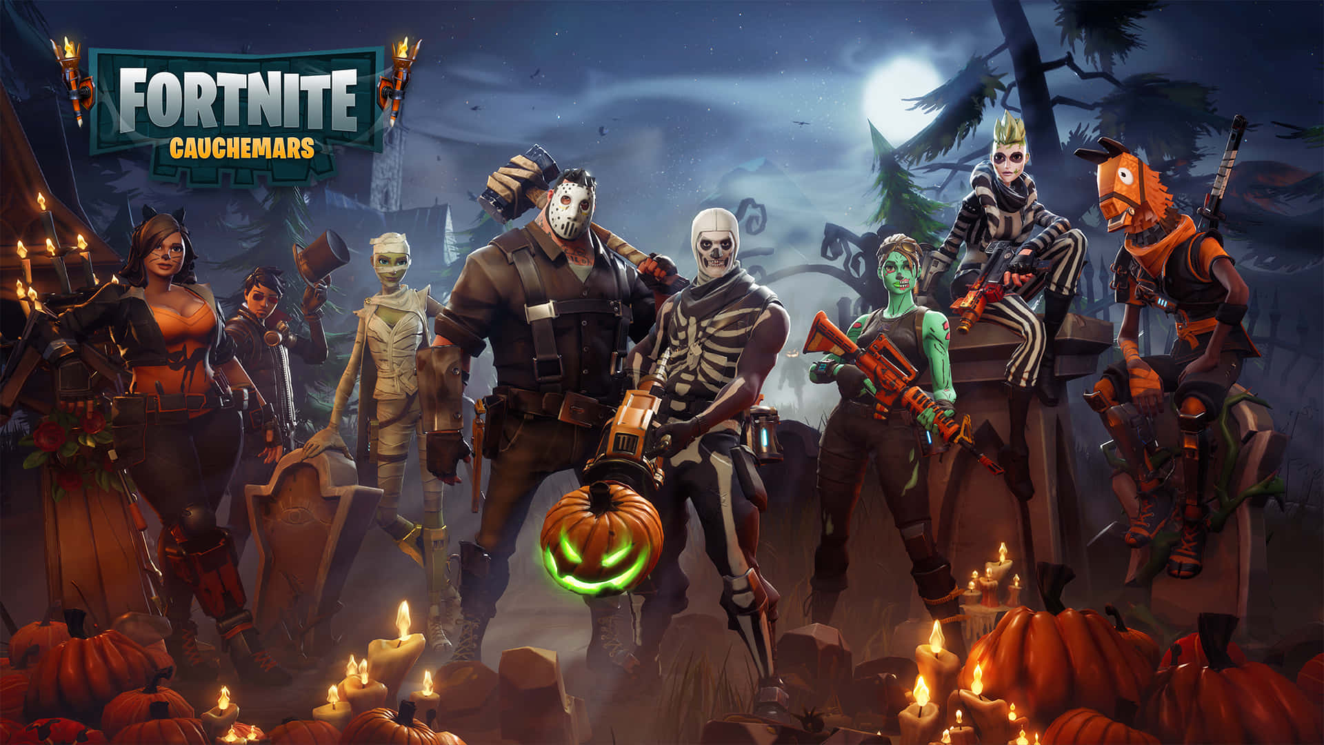 Fortnite Halloween - A Group Of Characters Standing In Front Of A Pumpkin Background