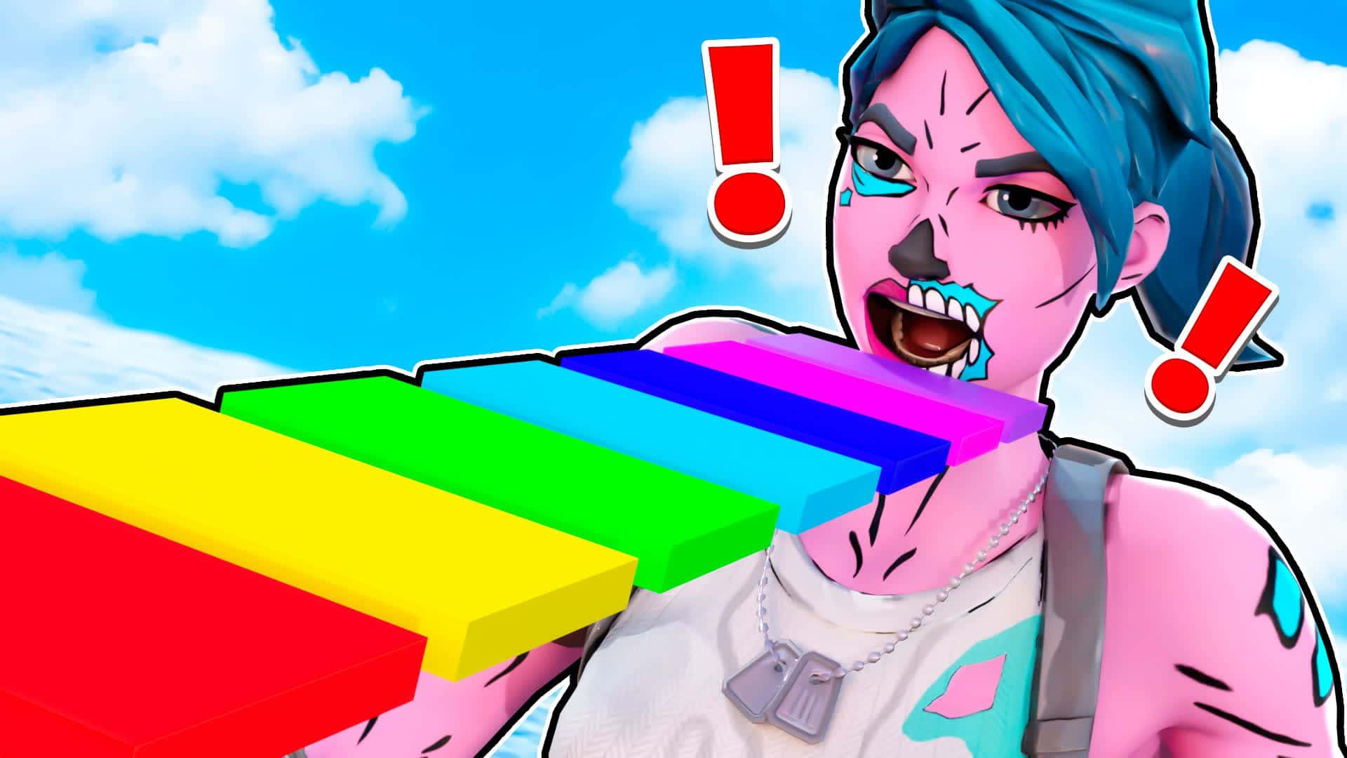 Fortnite Pink Ghoul Trooper Biting Colorful Blocks Background