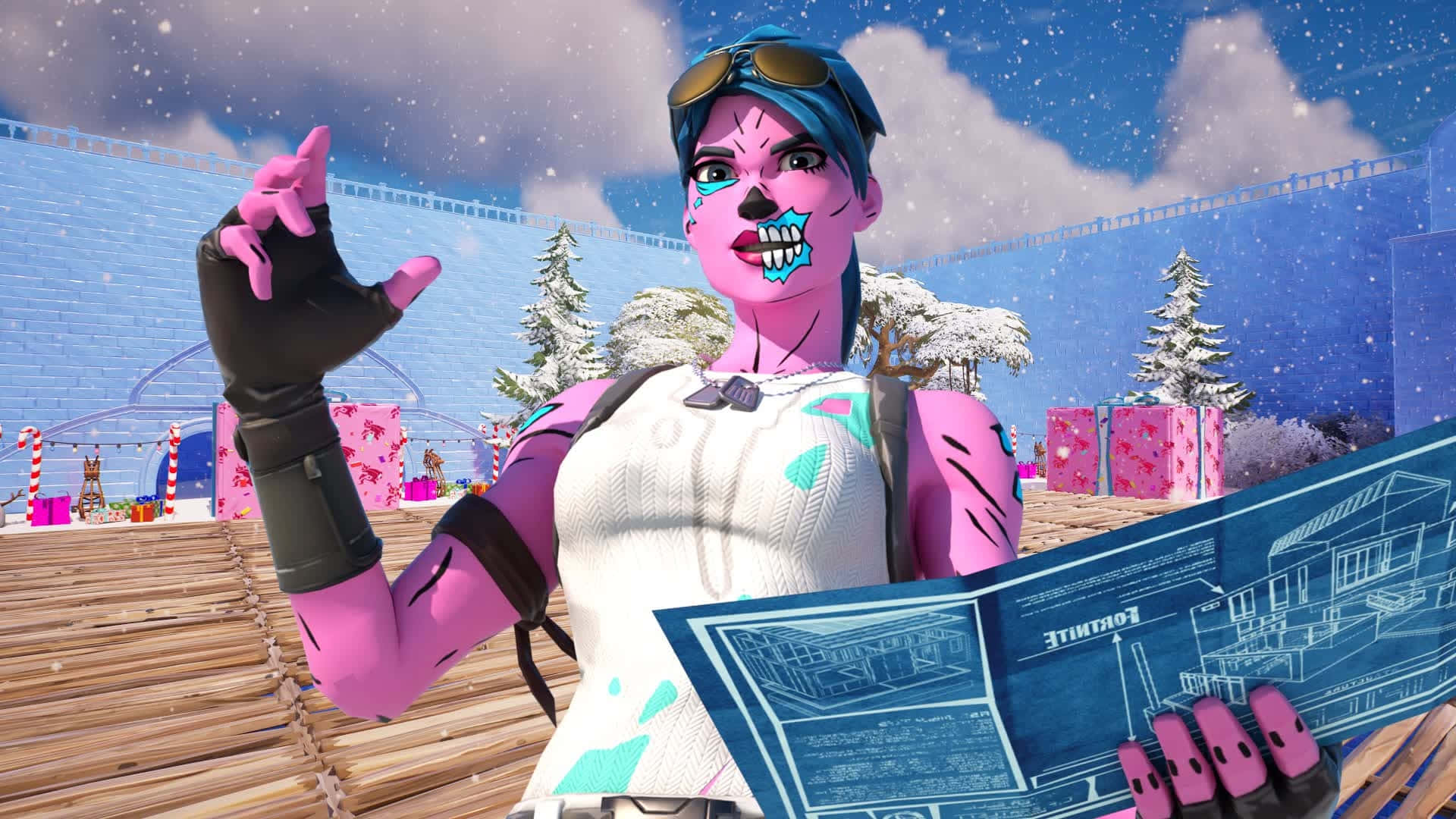 Fortnite Pink Ghoul Trooper Holding Blueprints Background