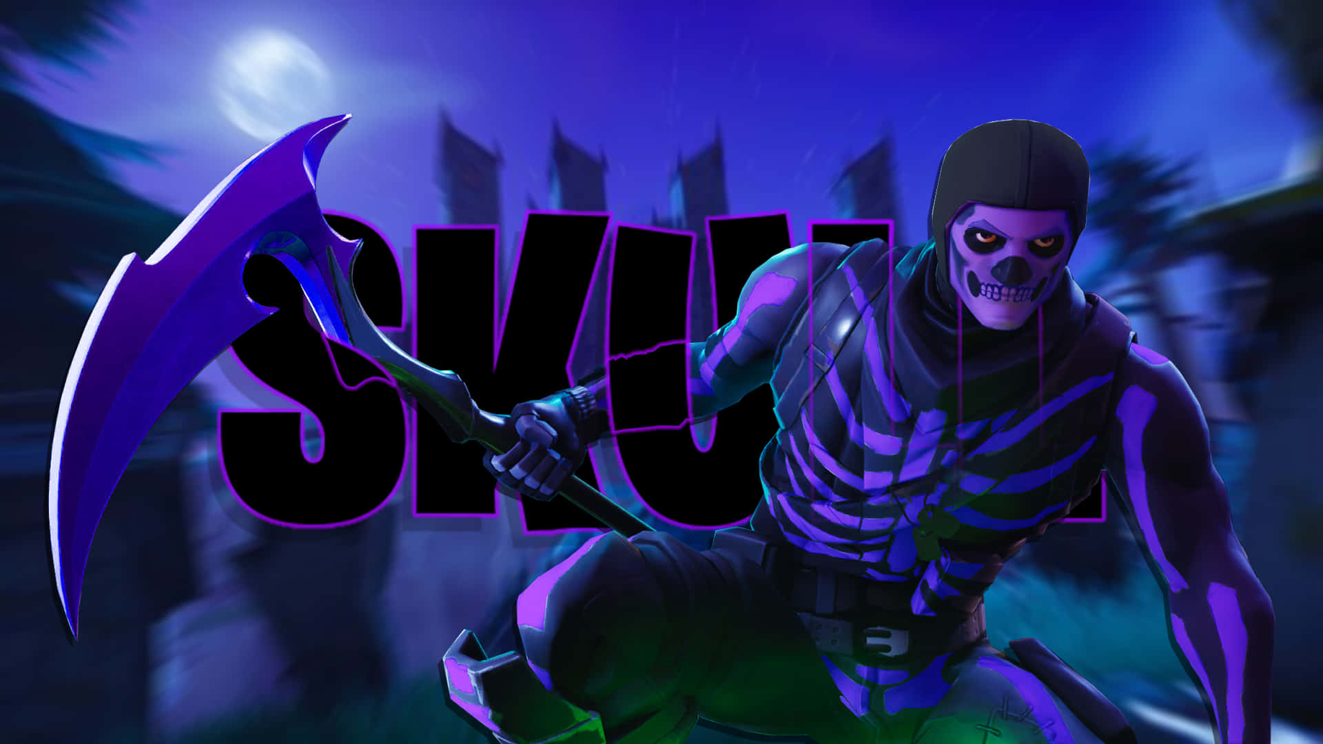 Fortnite Skull - A Purple Skeleton With A Scythe Background
