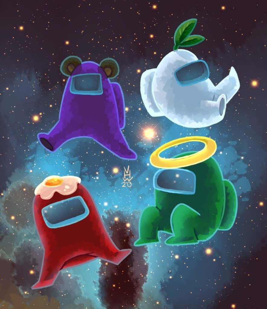 Four Aliens In Space With A Spaceship Background