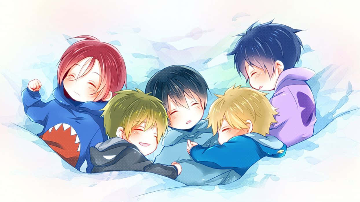 Four Anime Boys Are Laying On Top Of Each Other Background