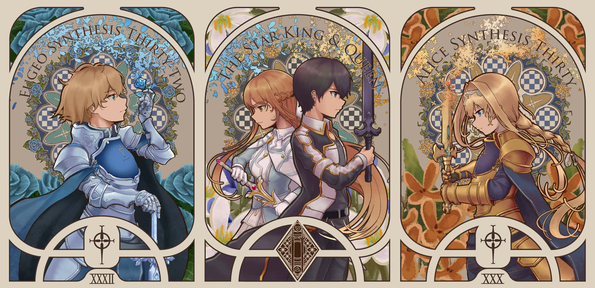Four Anime Characters In Armor With Swords Background