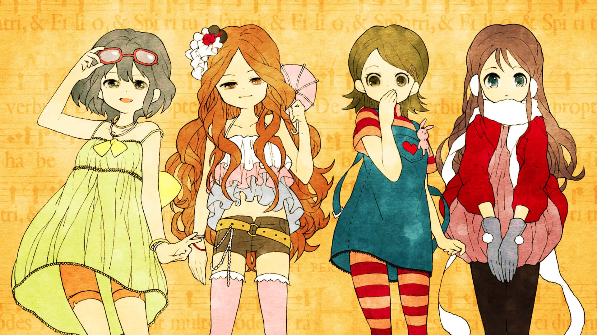 Four Anime Girls Fashion Illustration