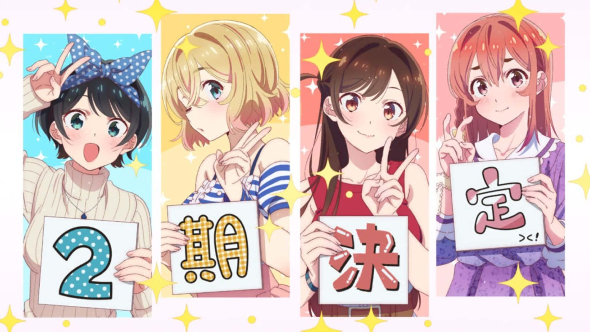 Four Anime Girls Holding Up Signs With Numbers Background