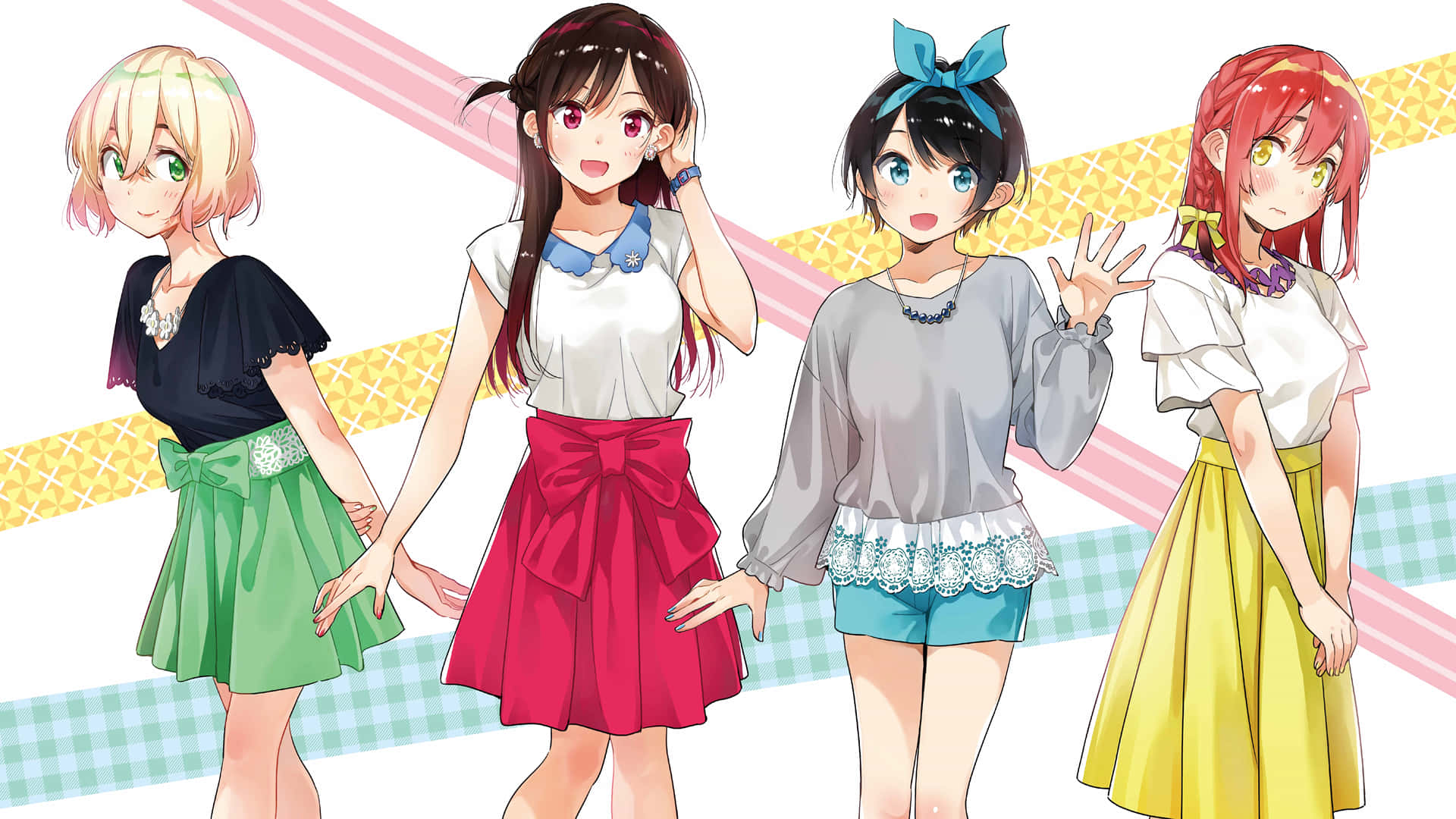 Four Anime Girls In Different Colors Background