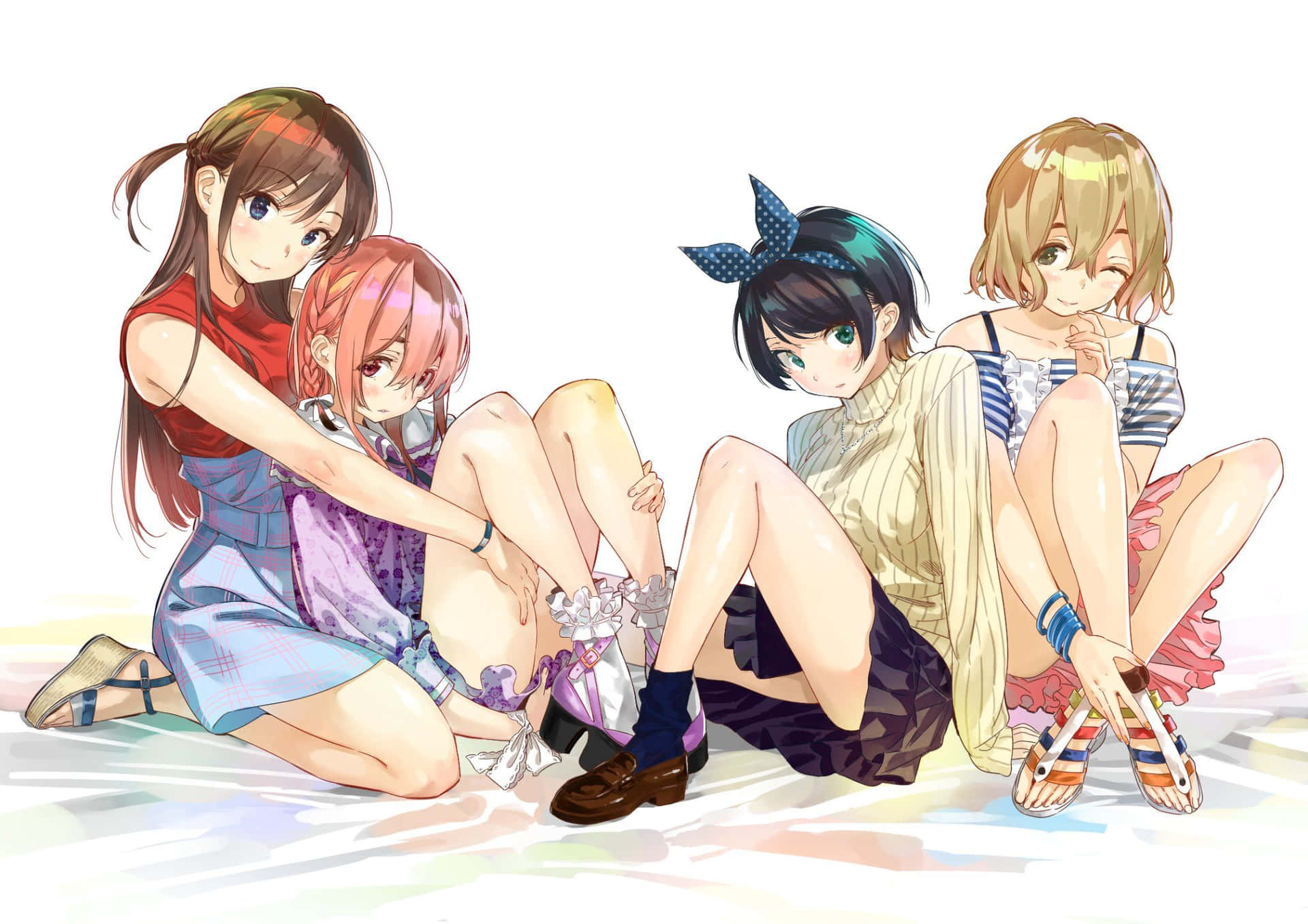 Four Anime Girls Sitting On The Floor Background